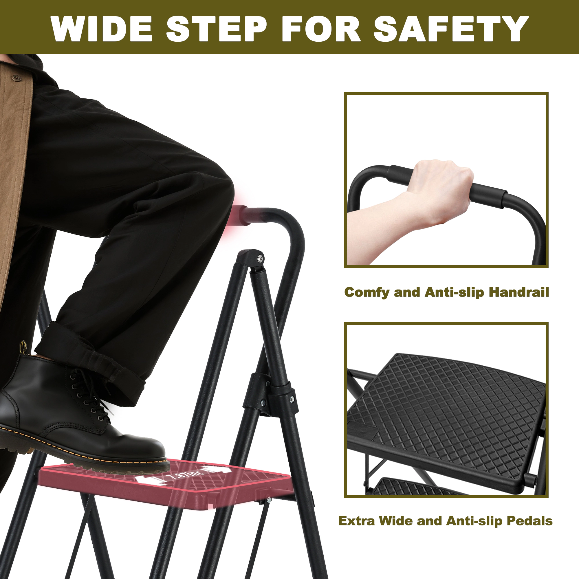 Flynama 4 Step Ladder- 500lb Capacity Steel Foldable Step Stool (Black)