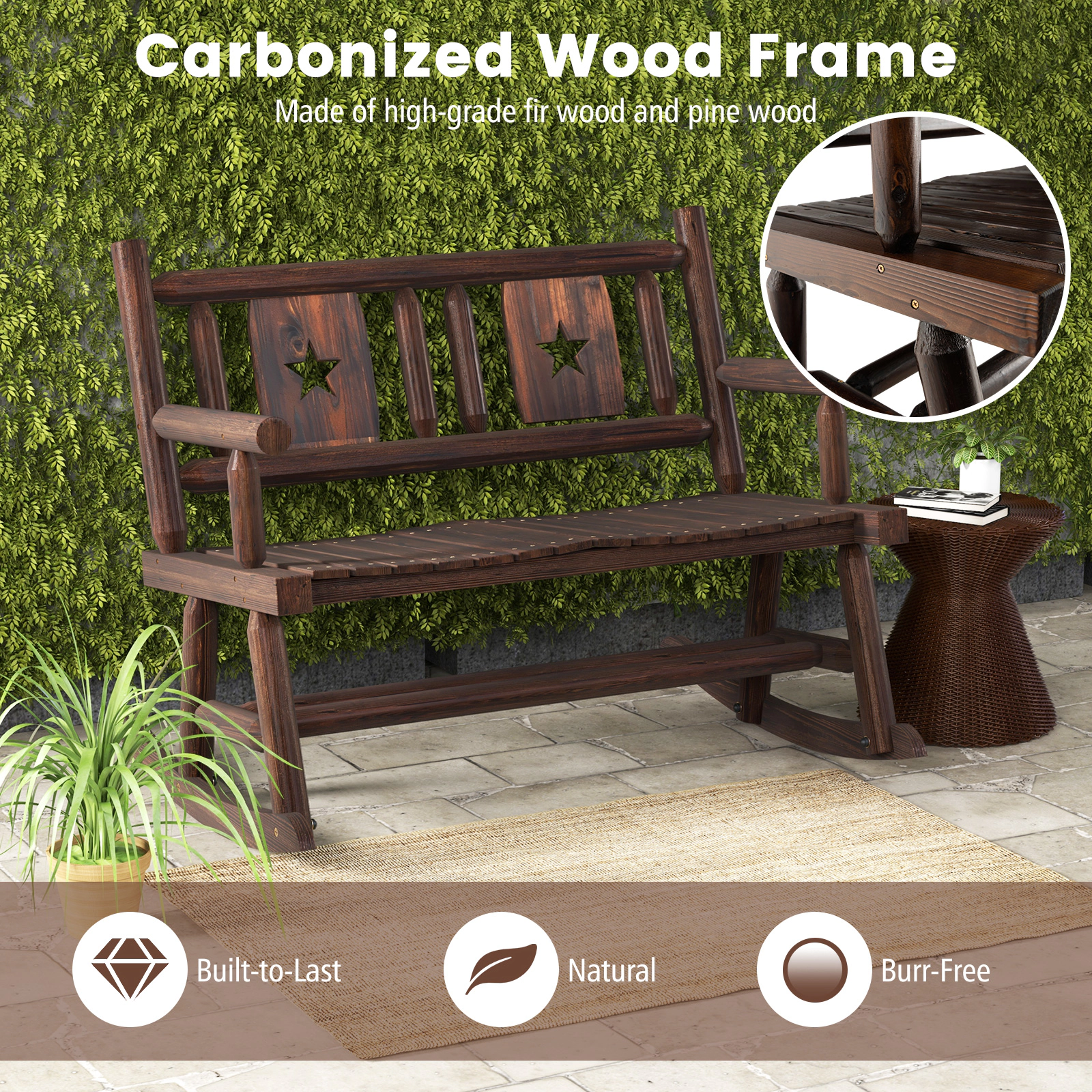 SUGIFT Outdoor Carbonized Wood Patio Rocking Bench Double Rocker Loveseat 710-lb Capacity Rustic Brown
