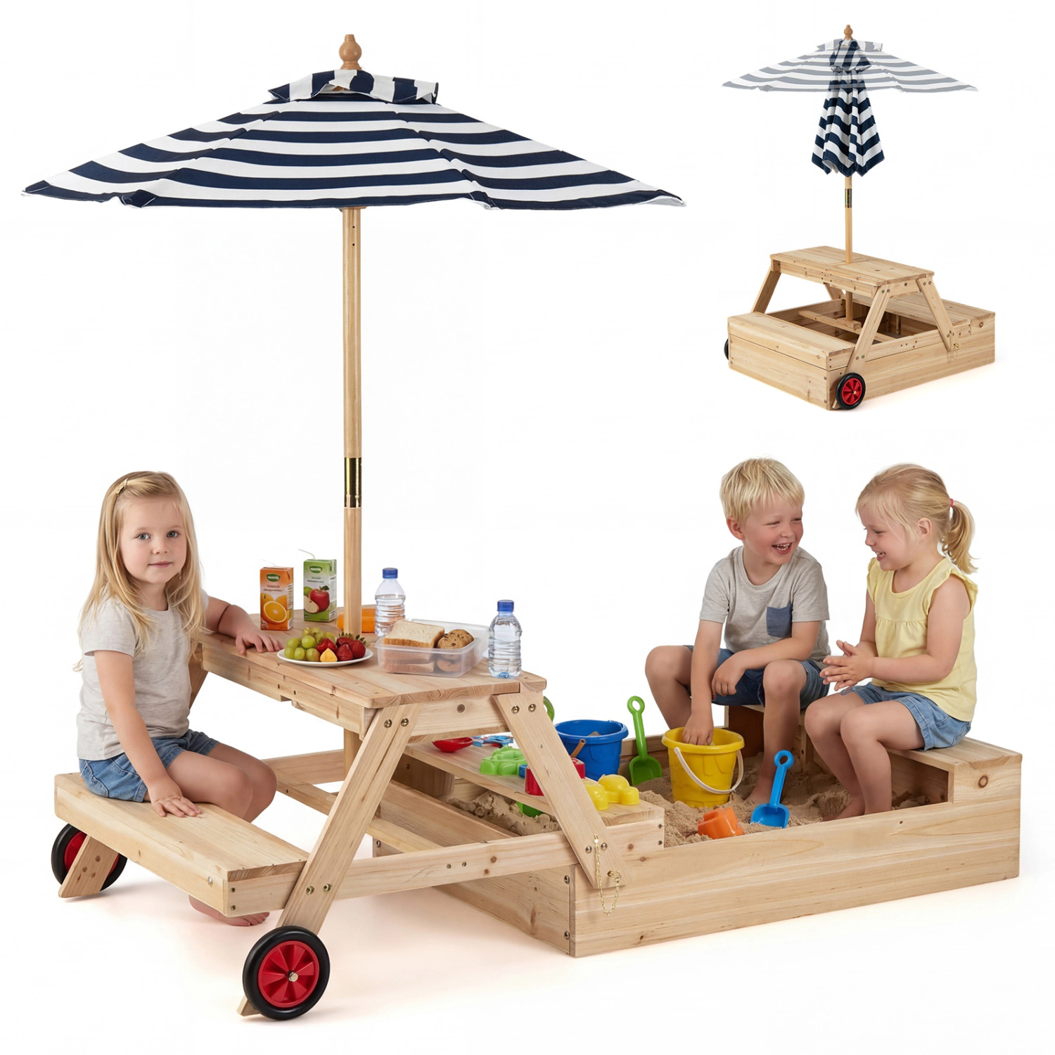 LJG Kids 2-in-1 Wooden Sandbox with Foldable Umbrella and Convertible Picnic Table