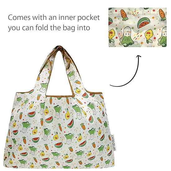 Wrapables Large Nylon Reusable Shopping Bag for Groceries, Happy Food ...