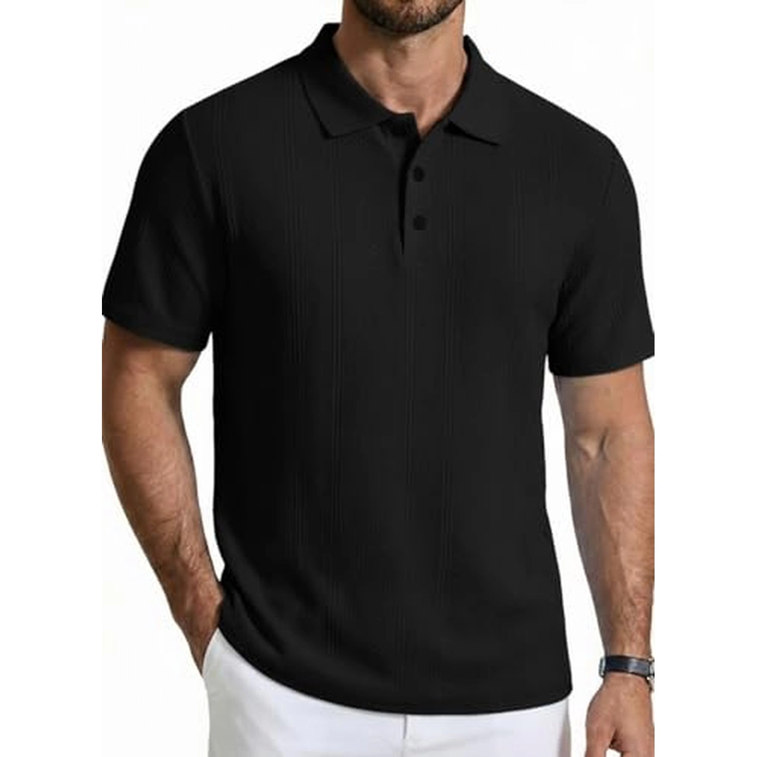 COOFANDY Mens Textured Polo Shirts Short Sleeve Button Collar Striped Casual Tops