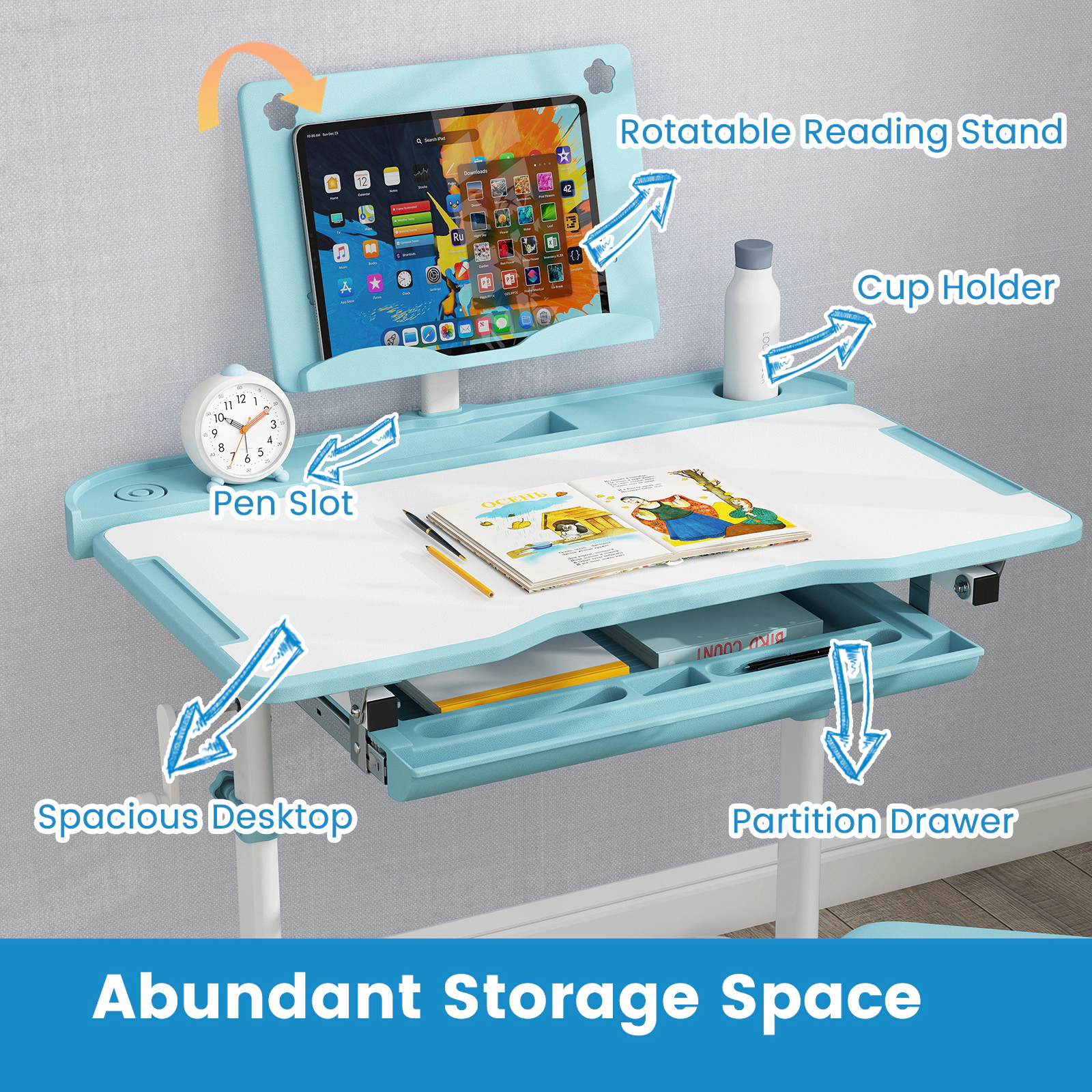 SUGIFT Adjustable Kids Study Desk & Chair Set with Tilt Desktop & Book Stand 176-lb Desktop 220-lb Seat 3+ Years Blue