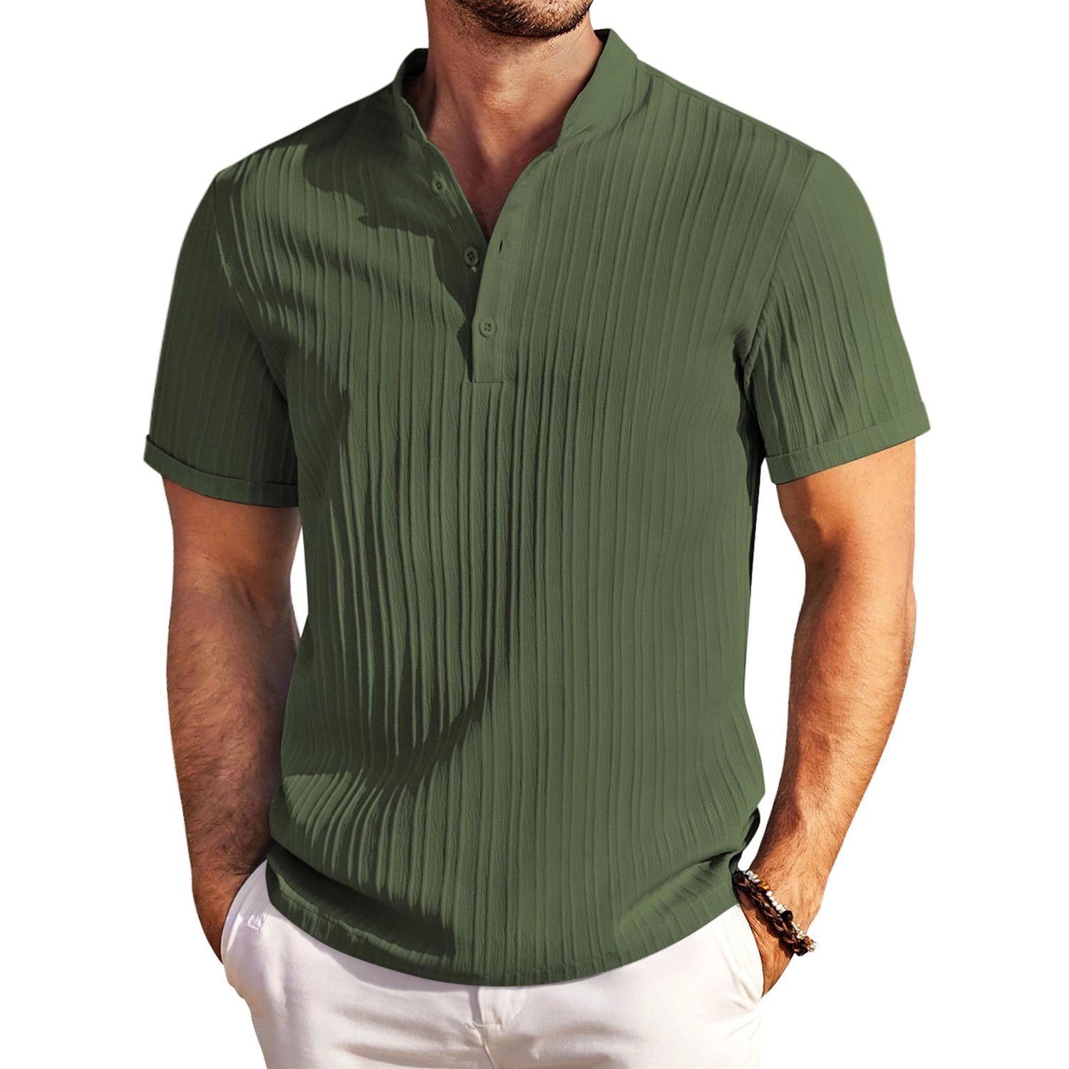 COOFANDY Mens  Solid Short Sleeve Henley Shirts V Neck Pleated Casual Tops