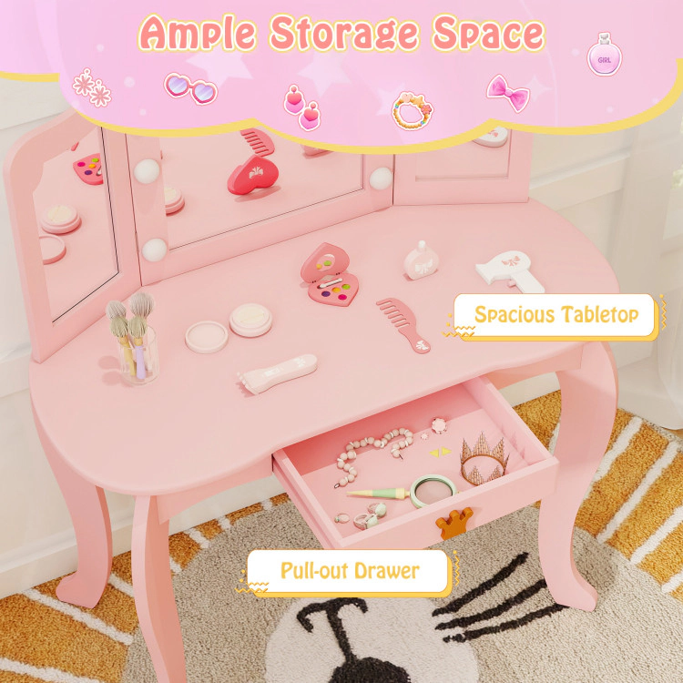Hivvago Kids Vanity Set With Tri-Fold Lighted Mirror Detachable Top And Stool