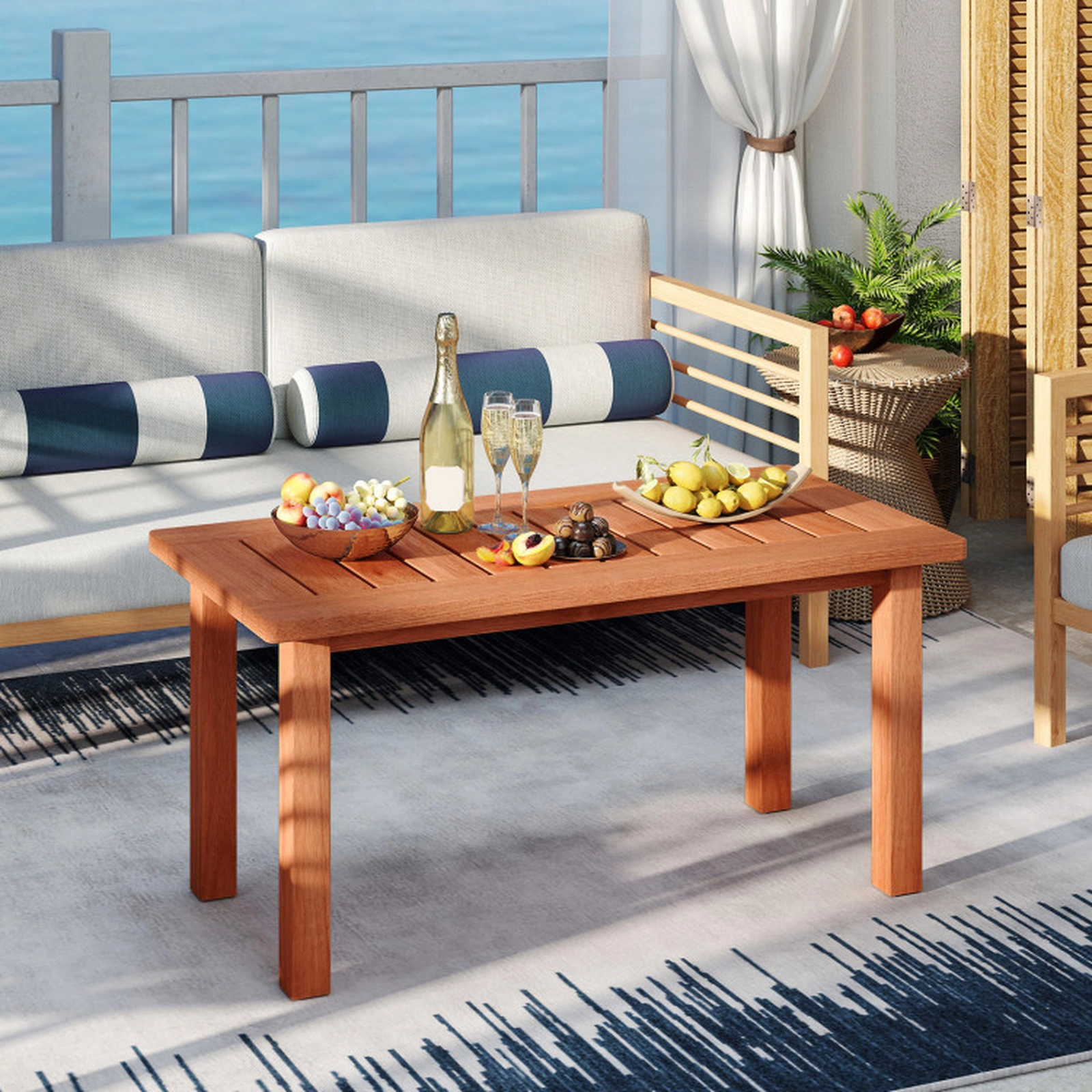 SUGIFT 35.5 in Slatted Tabletop for Deck Natural Solid Wood Patio Coffee Table