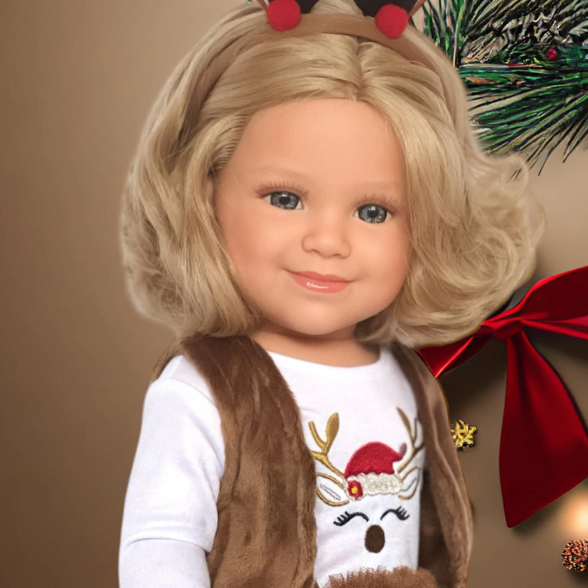 MBD® Holiday Reindeer Outfit Set with Red Boots & Antler Headband for 18-Inch Dolls
