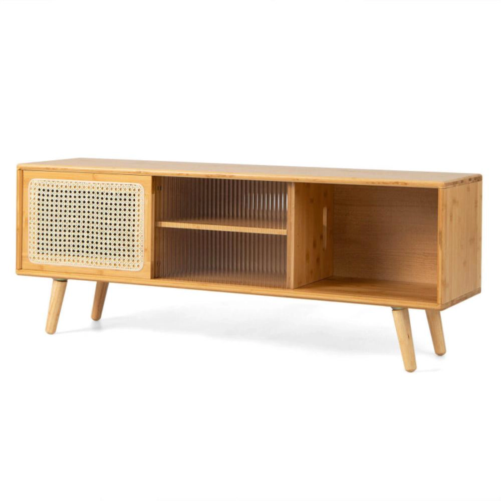 Hivvago Modern Tv Stand With Rattan Glass Sliding Doors-Natural