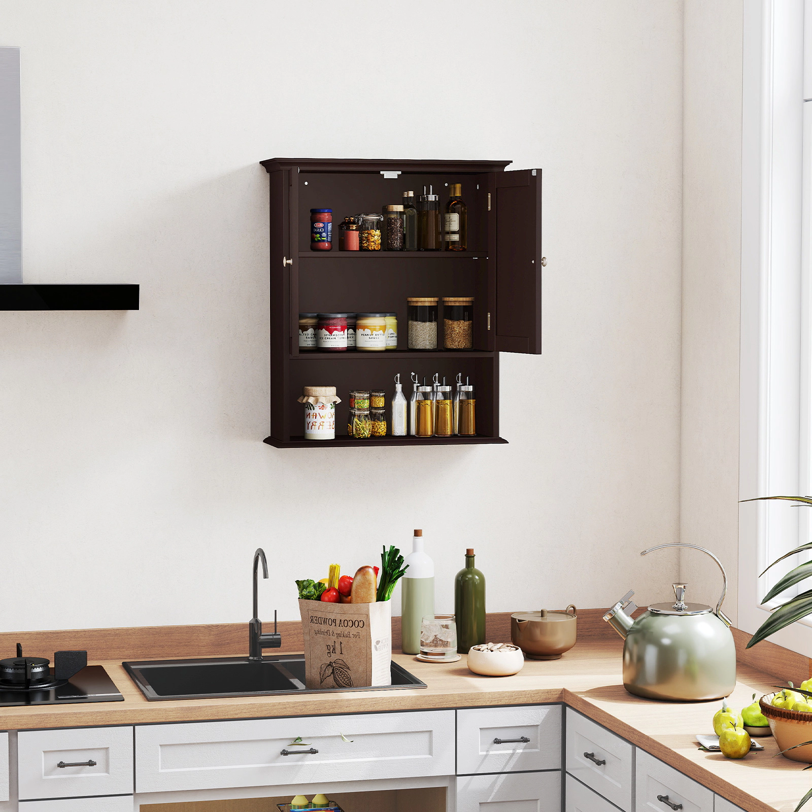 SUGIFT 2-Door Wall Mounted Open Shelf Bathroom Organizer Cabinet 23.5-in x 7.5-in x 28-in 11-lb per Level Brown