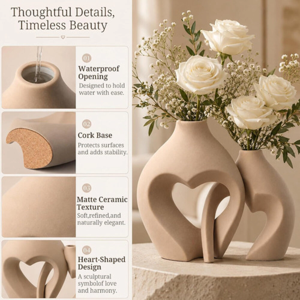 Novsight Trading Unisex Heart Shaped Ceramic Flower Vase Set 2-Piece