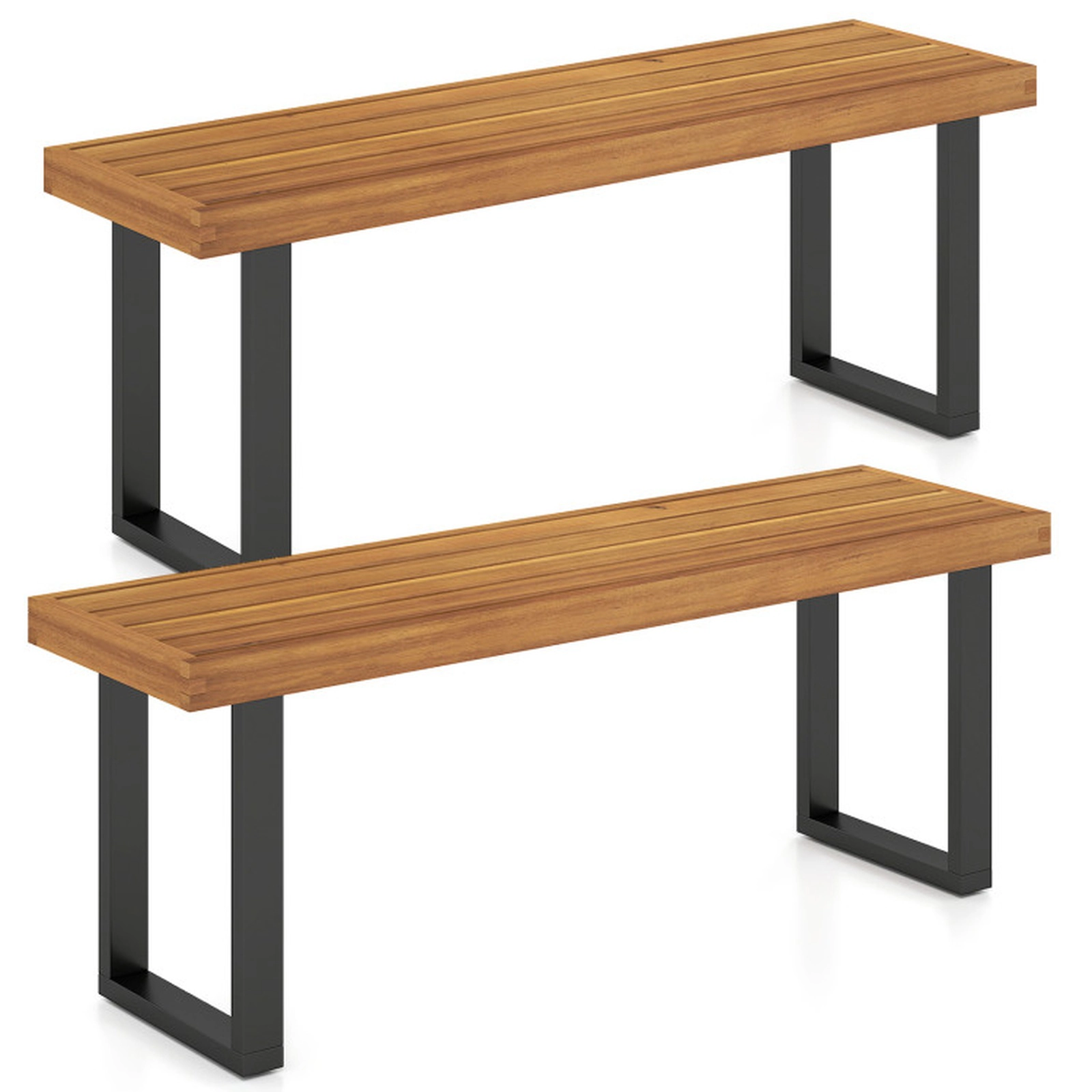 SUGIFT Solid Acacia Wood Outdoor Patio Dining Bench 800-lb Capacity 48-in Long Slatted Seat Natural+Black Set of 2