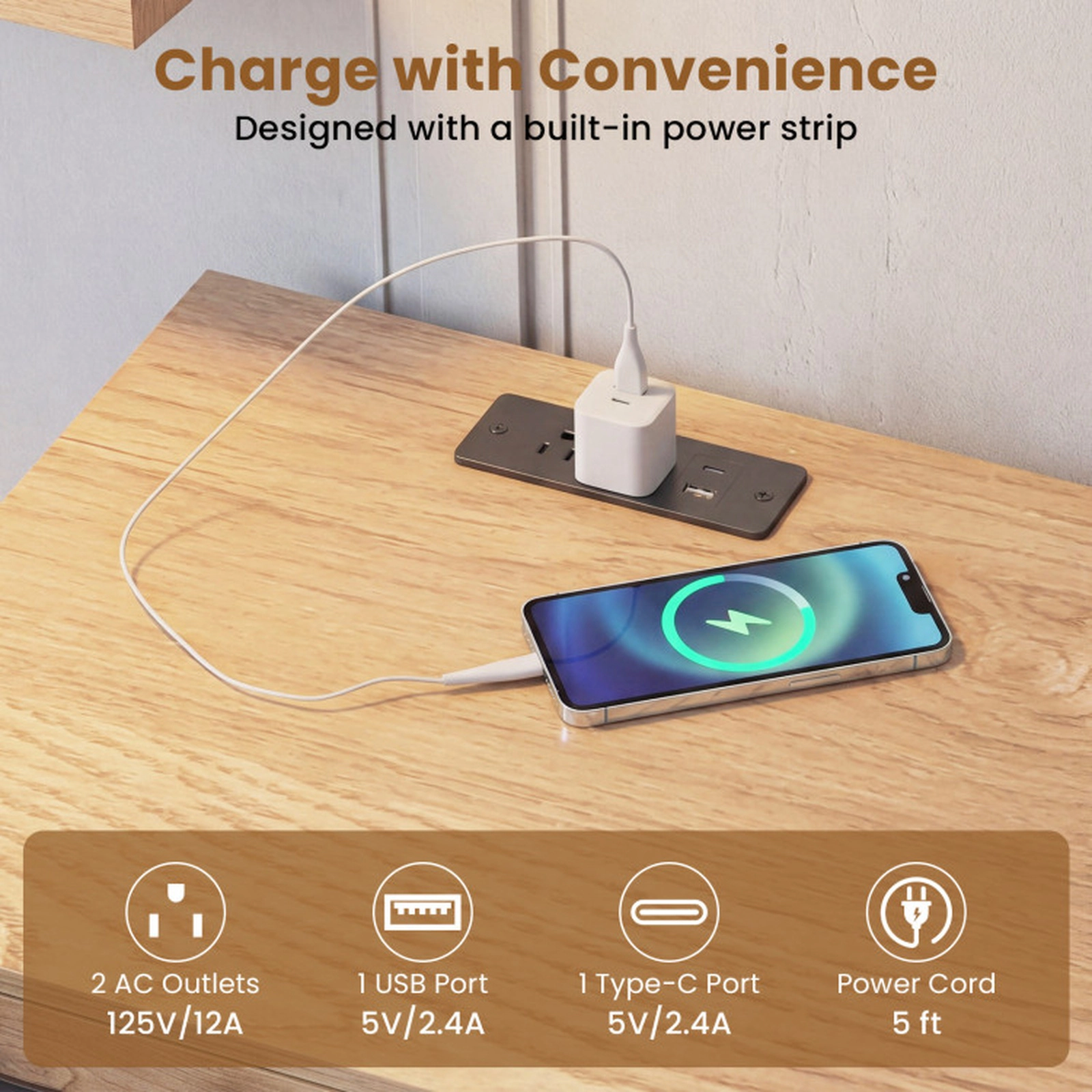 SUGIFT 35.5-in 100-lb Capacity Natural Console Table with Built-In Charging Station and 16-Color LED Lighting