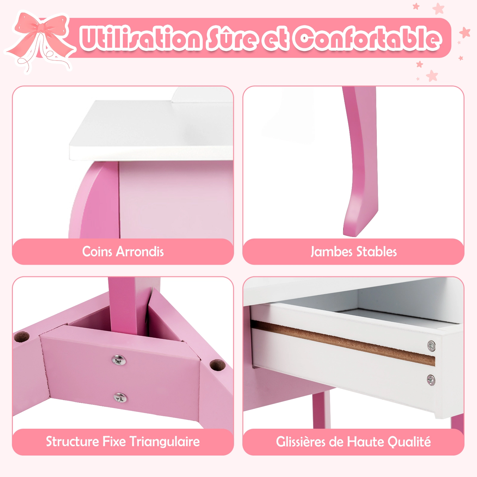 SUGIFT Kids Makeup Vanity Table and Stool Set with Mirror Drawer and Removable Top 35-lb Table 66-lb Stool Capacity Pink