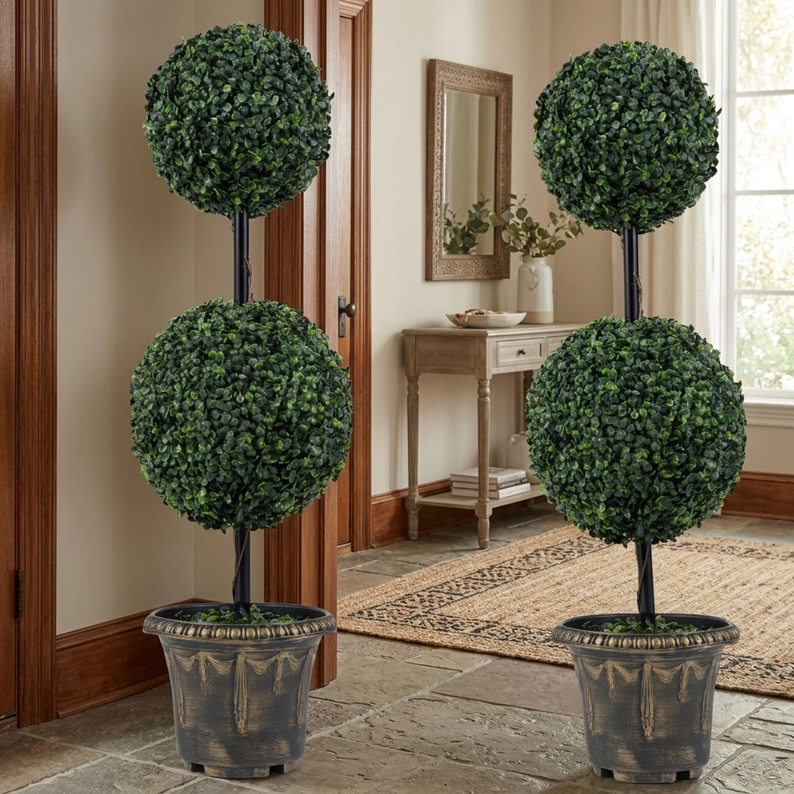 SUGIFT Set of 2 35-in Artificial Boxwood Double Ball Topiary Trees with Metal Trunks and Black Golden Pots