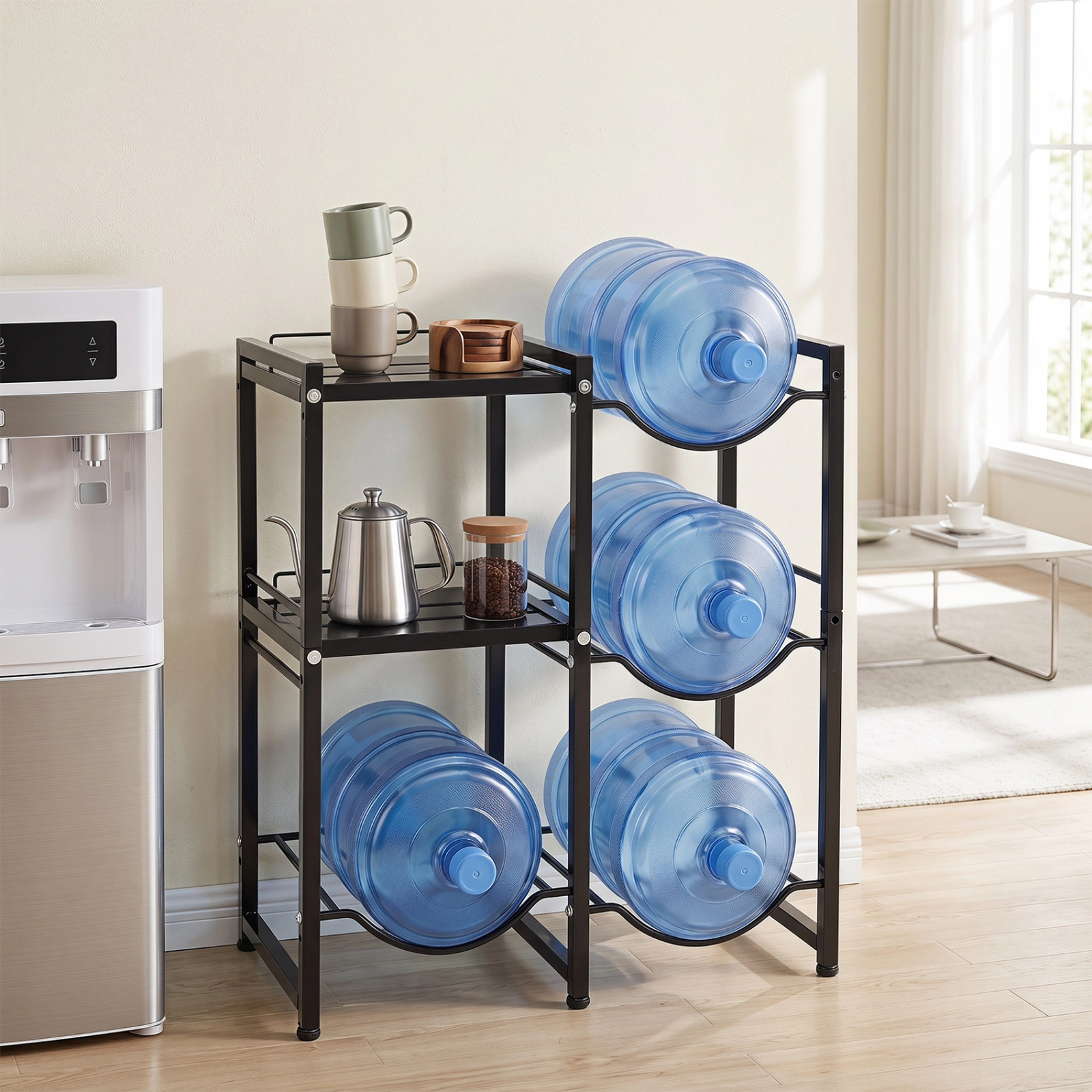 SUGIFT 3-Tier Carbon Steel 5 Gallon Water Jug Holder Storage Rack 25.5-in x 13-in x 30.5-in 45-lb per Shelf Black