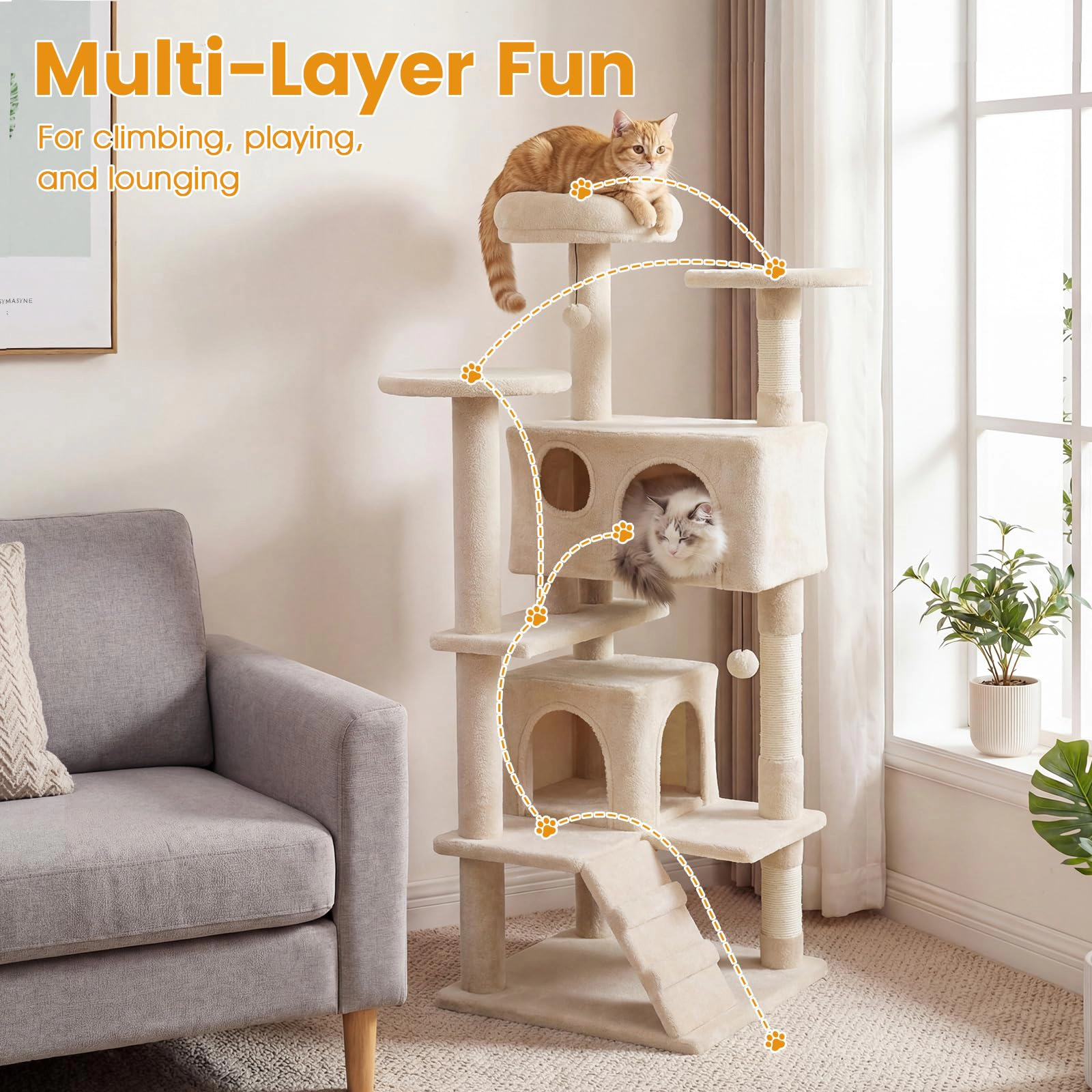 Glintex 52-Inch Cat Tower with 1-Door and 2-Door Caves Base Climbing Ladder