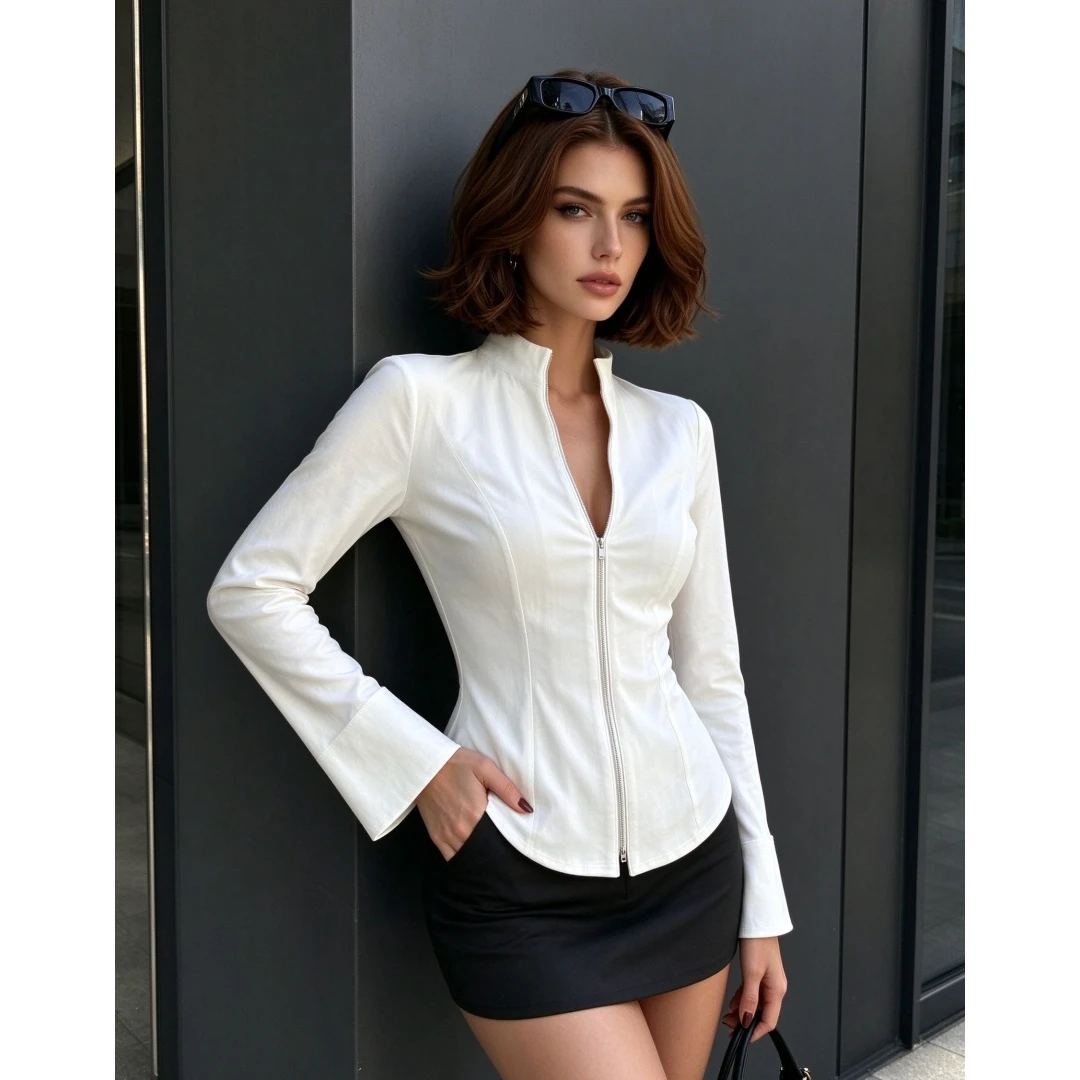 Coolmee Women's Stand Collar Bell Sleeve Waist Cinched Slim Fit Top Shirt All Season