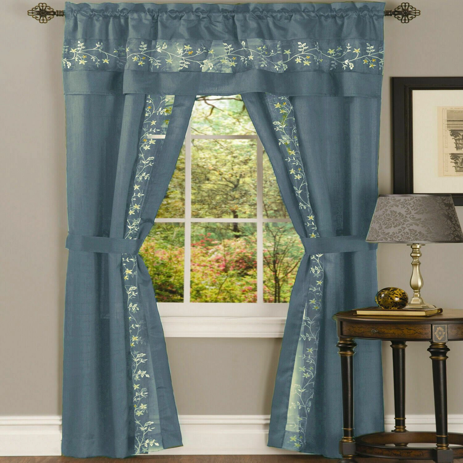 Kate Aurora Complete 5 Pc Window a Bag Embroidered Floral Country Flax Sheer Curtain & Valance Set