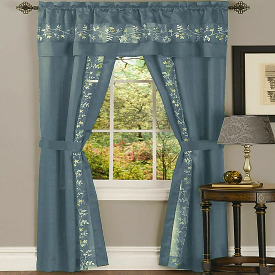 Kate Aurora Complete 5 Pc Window in a Bag Embroidered Floral Country Flax Sheer Curtain & Valance Set