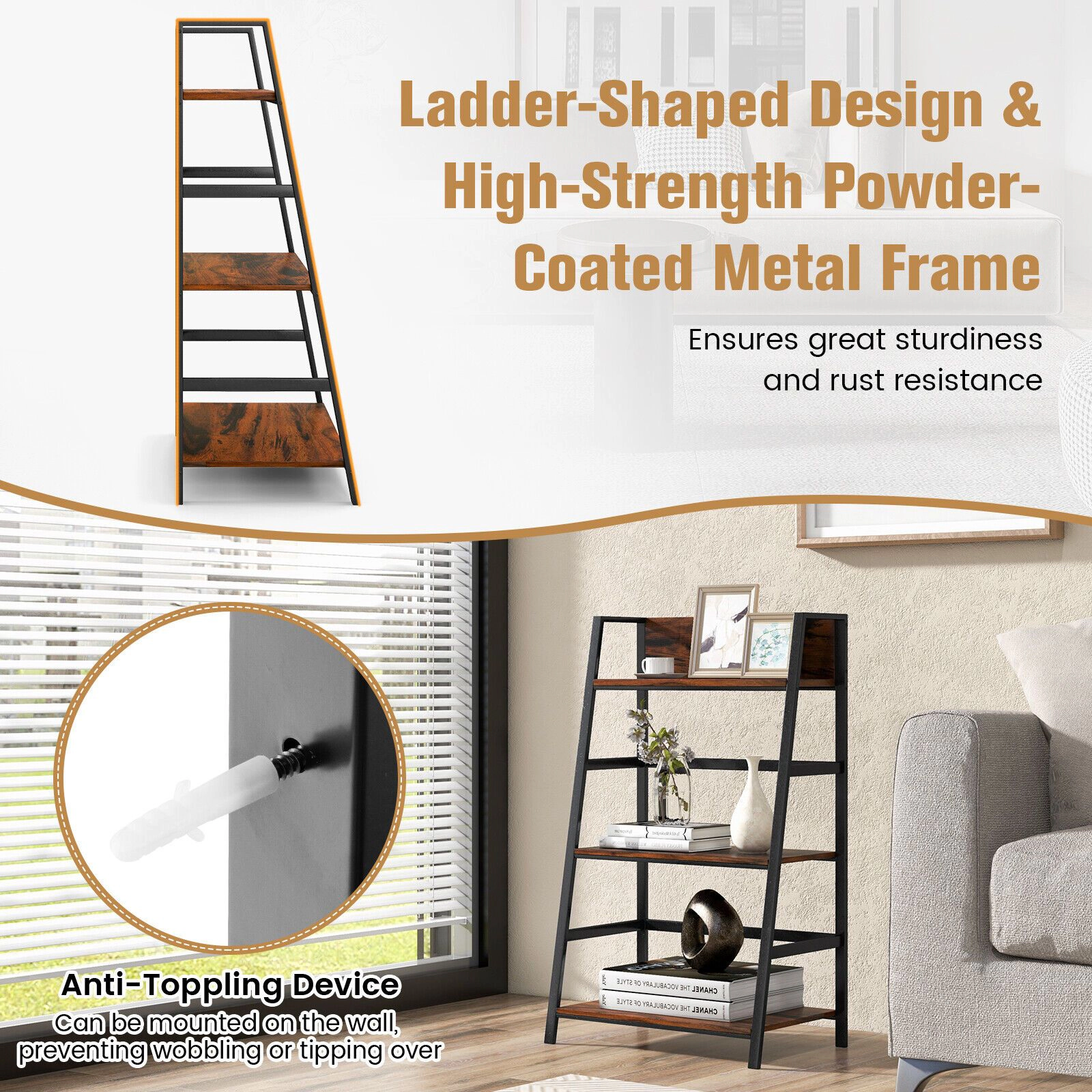 SlickBlue 3-Tier Ladder Shelf, Industrial Storage Bookshelf