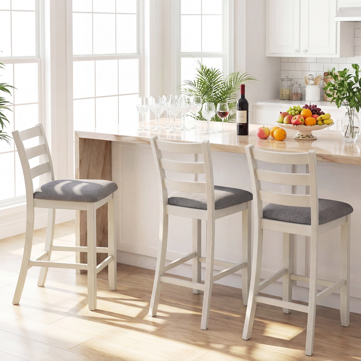 LJG 4 Pieces Counter Height Chairs with Fabric Seat and Rubber Wood Legs