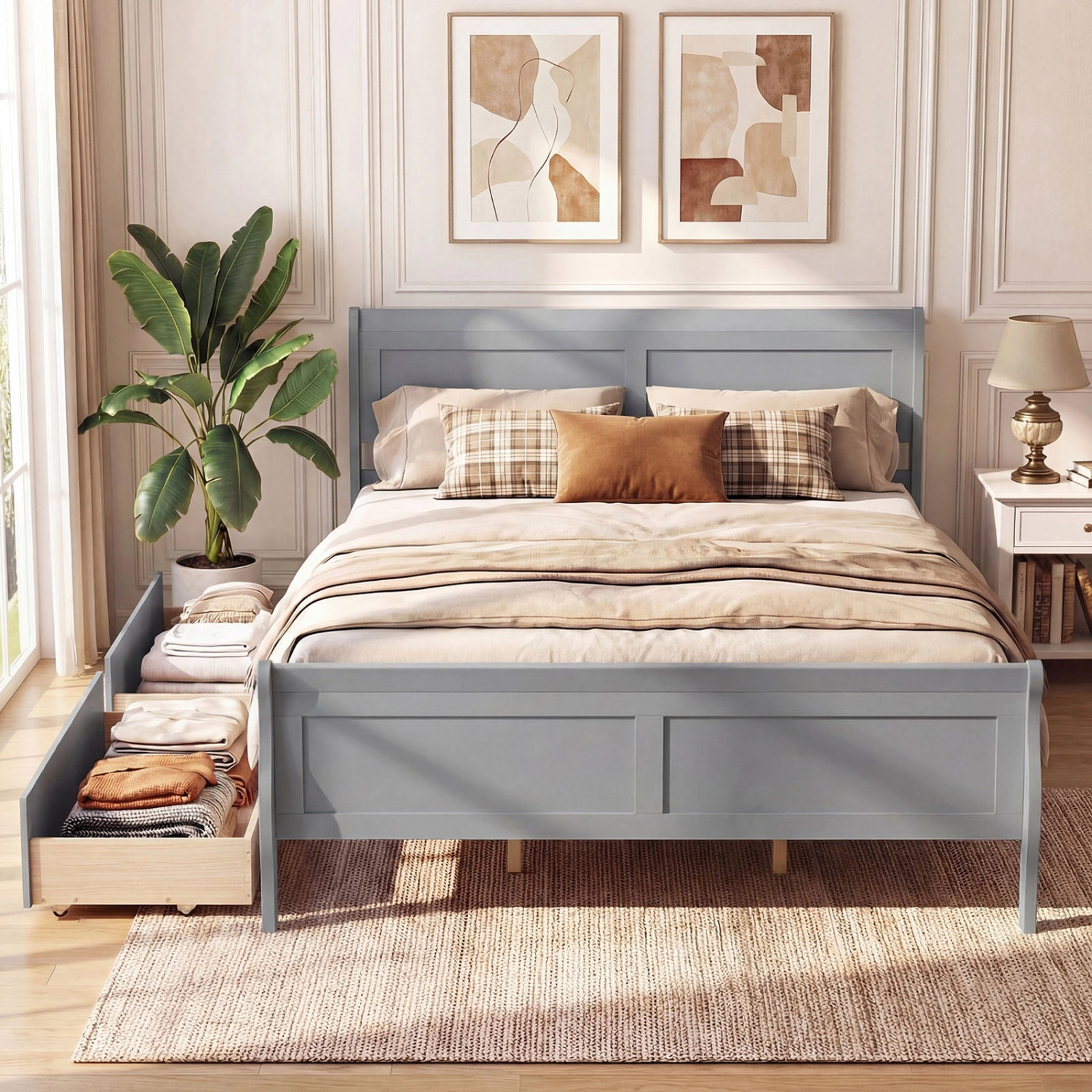 SUGIFT Queen Size Bed Frame with Modern Headboard Footboard and 2 Storage Drawers 350-Lb Capacity Gray