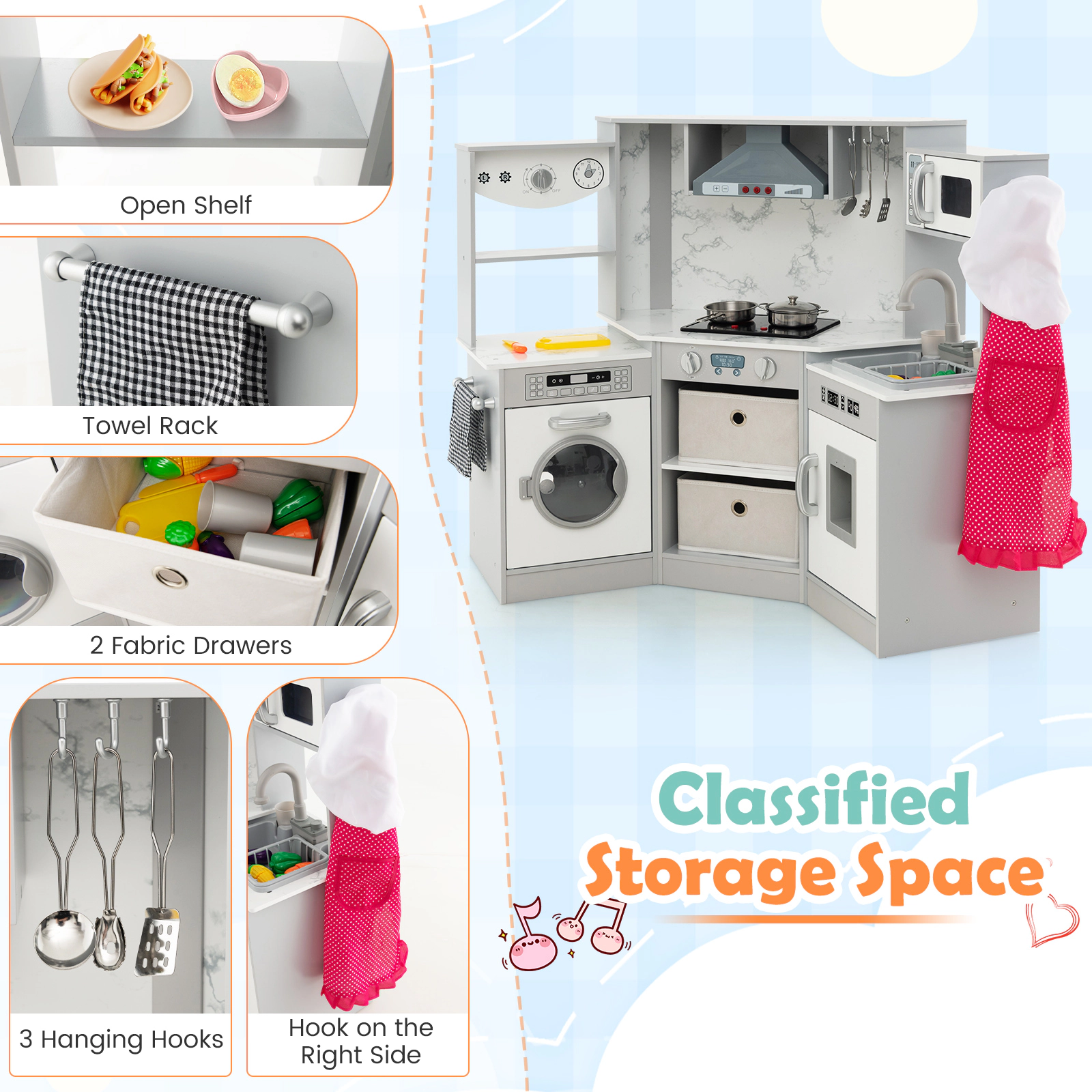 SUGIFT Wooden Kids Play Kitchen Playset with Realistic Lights and Sounds 40-in Wide MDF for Ages 3+ Gray/Coffee