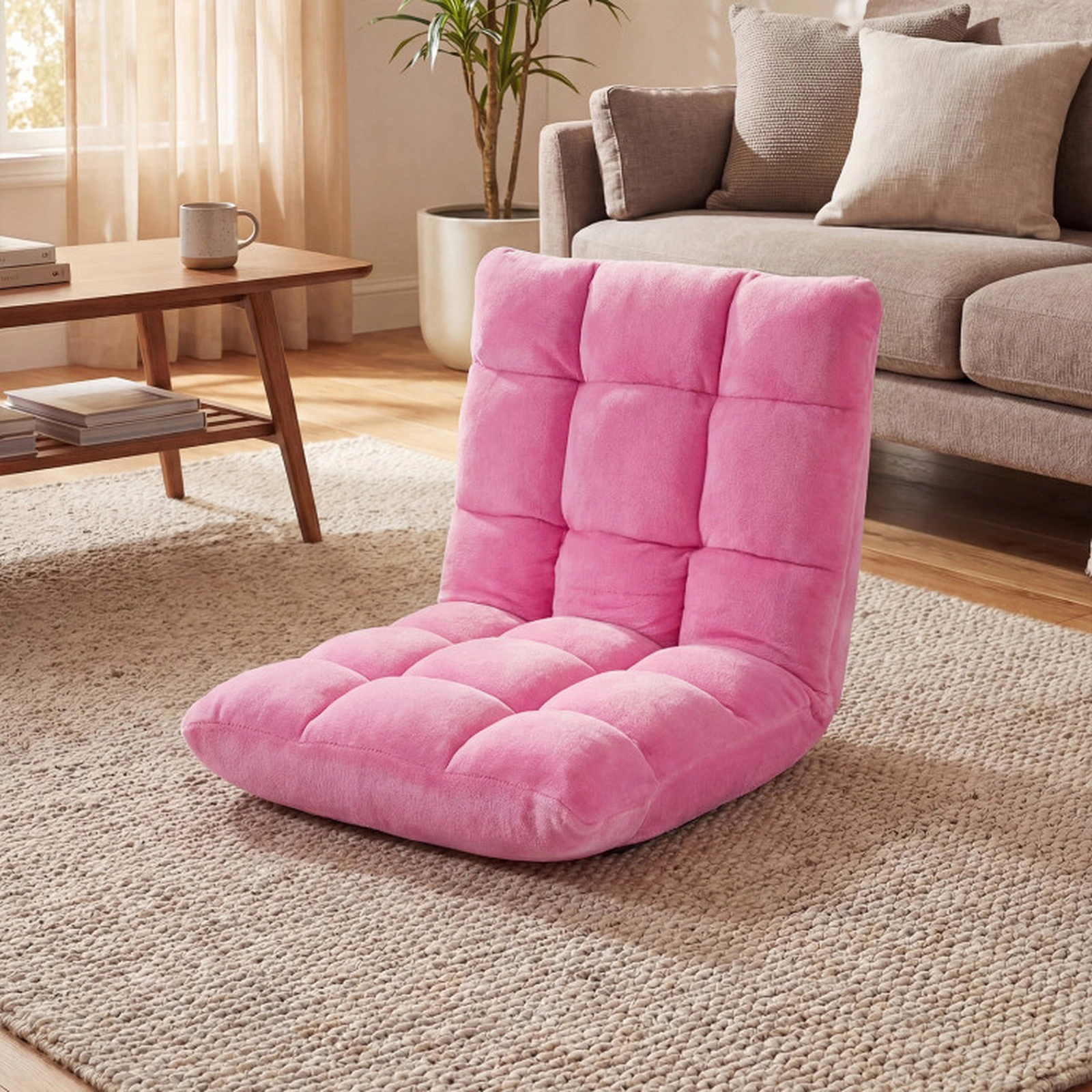 SUGIFT 14-Position Adjustable Backrest Padded Flannel Folding Floor Chair 41.5-in x 22-in x 6-in 200-lb Capacity Pink