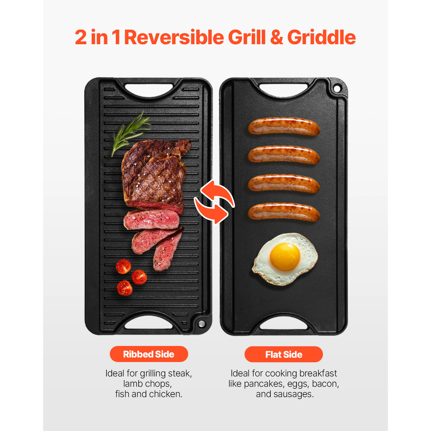 HONGGE Reversible Grill/Griddle Pre-Seasoned Cast Iron Griddle Portable Rectangular Pan with Handle Family Cookware for