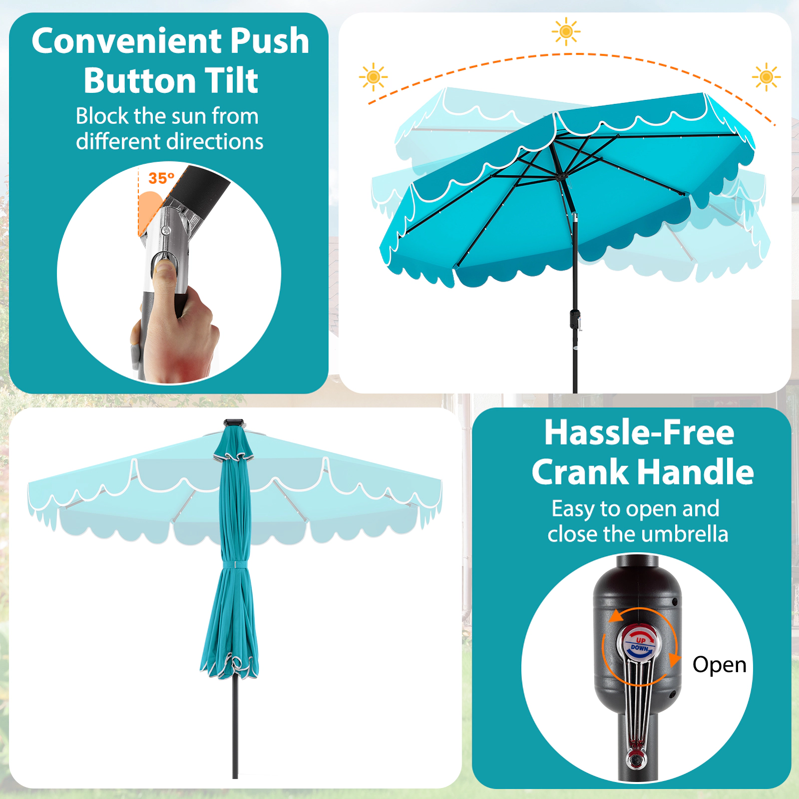 SUGIFT Turquoise 10 ft Solar Patio Umbrella with 24 Cool-White LED Lights