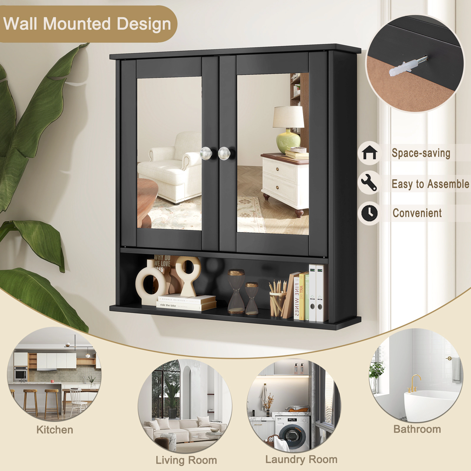 SUGIFT Black 44-lb Capacity Double Door Wall Mounted Bathroom Mirror Cabinet with Open Storage Shelf