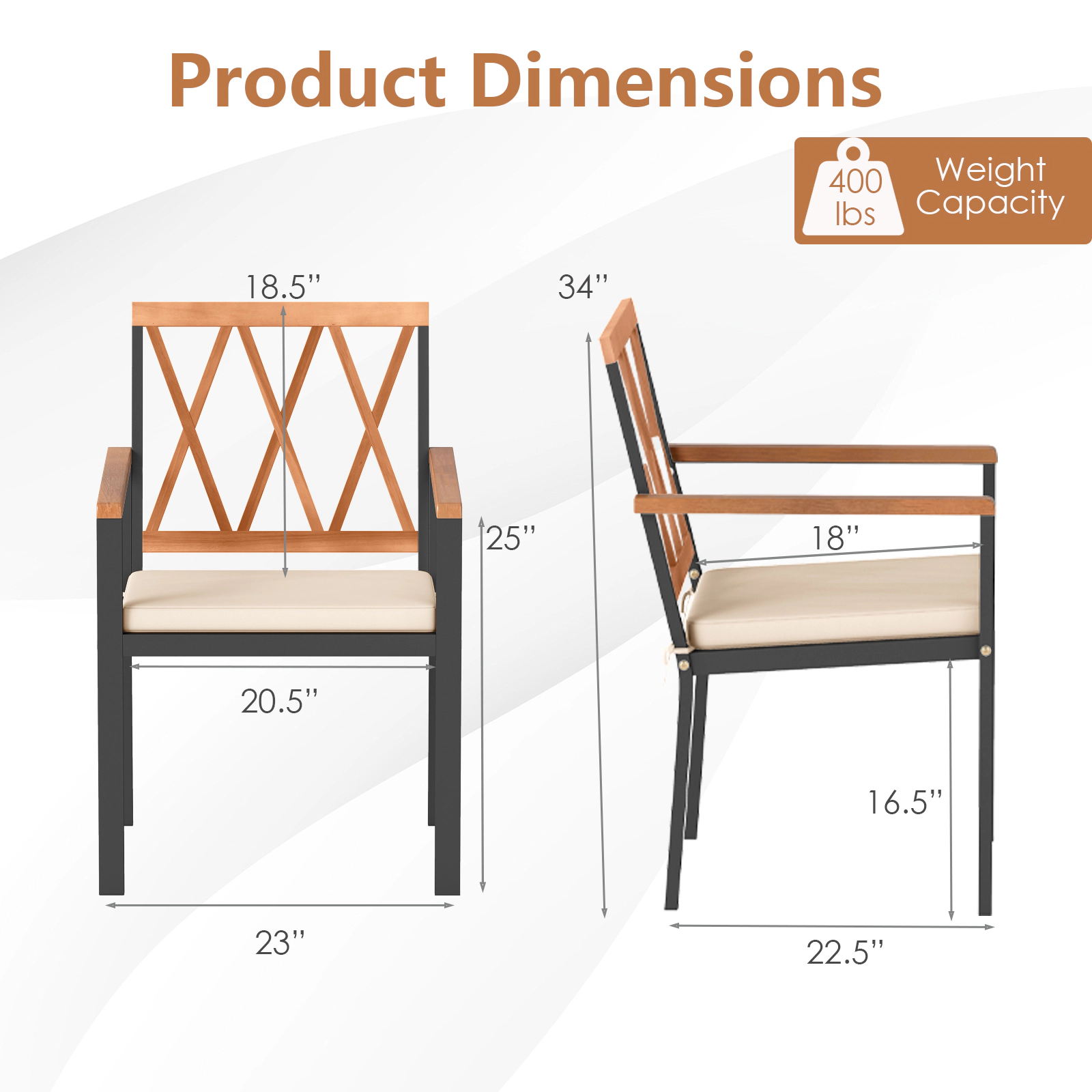 LJG Set of 2 Patio Dining Chairs with Removable Padded Cushions