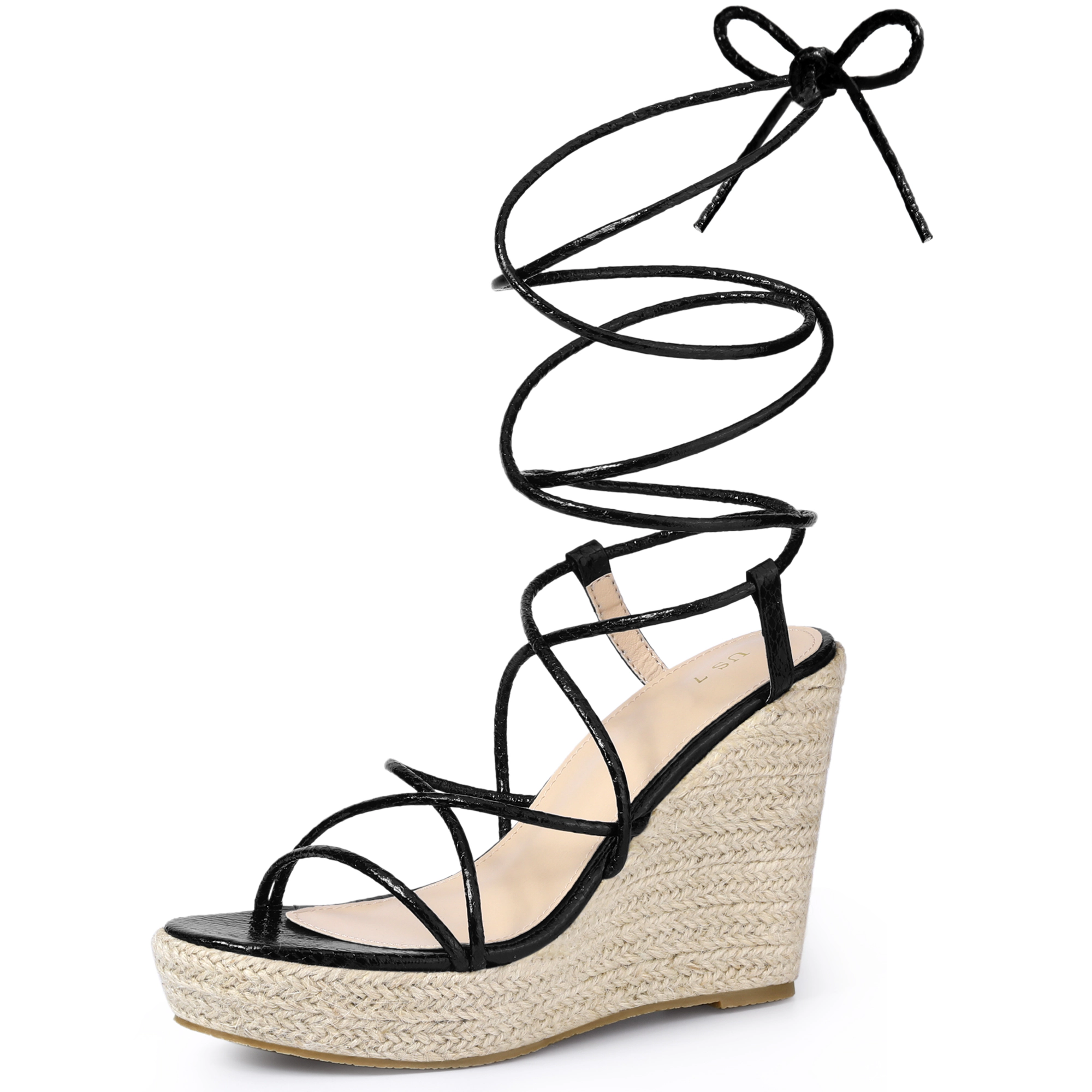 BLISSFUL STEP Women's Strappy Lace Up Snake Print Espadrilles Wedges Sandals