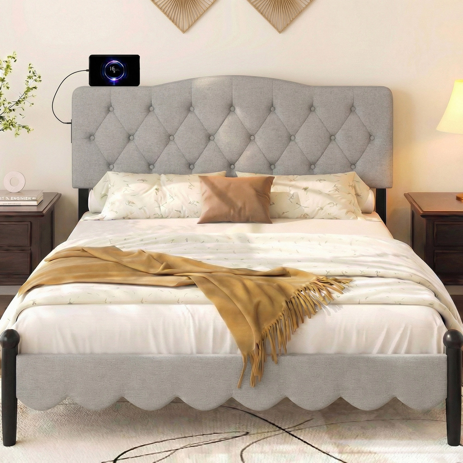 SUGIFT Tufted Upholstered Headboard Gray for Queen and Full Bed with 2 AC Outlets