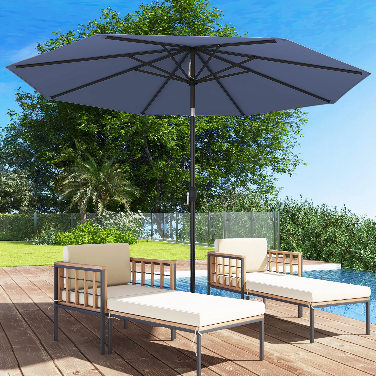 SUGIFT 10-ft Navy Patio Umbrella with Push Button Tilt Hand Crank and Steel Pole for Deck Pool and Cafe