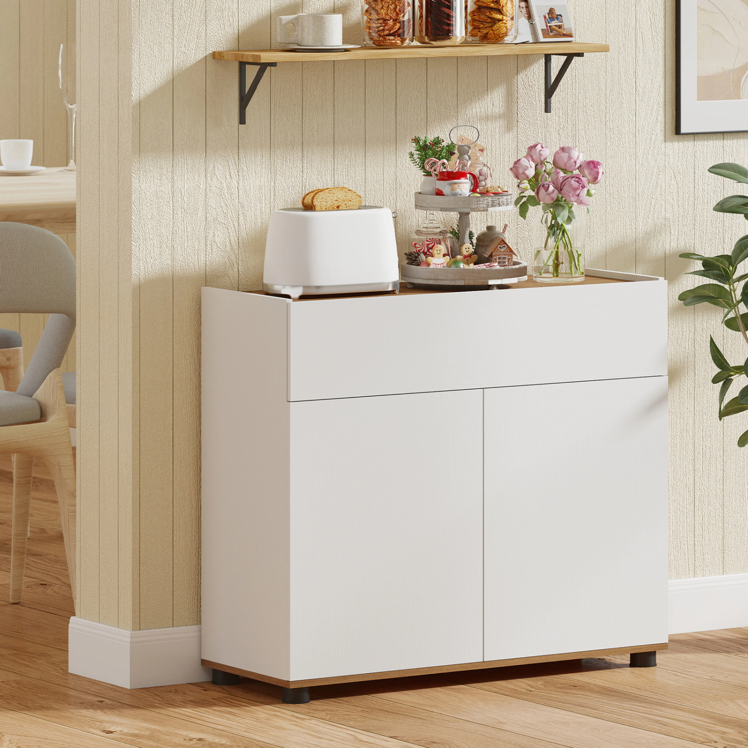 SUGIFT 31.5-in 88-lb Countertop White Wooden Sideboard Buffet Cabinet with Push-to-Open Doors and Wide Drawer