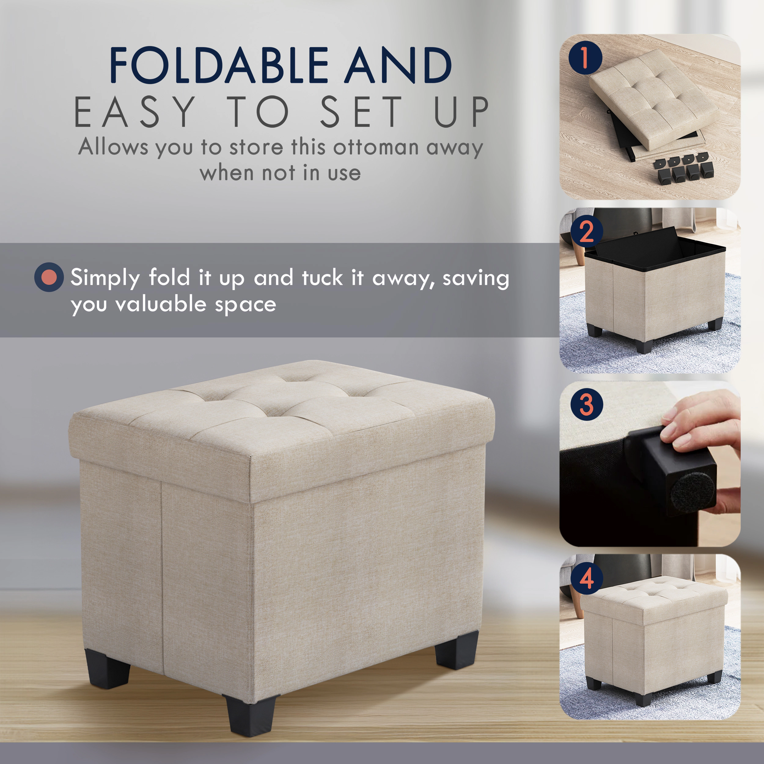 Ornavo Home Small Rectangle Storage Ottoman Foot Stool with Legs - 16" x 12"