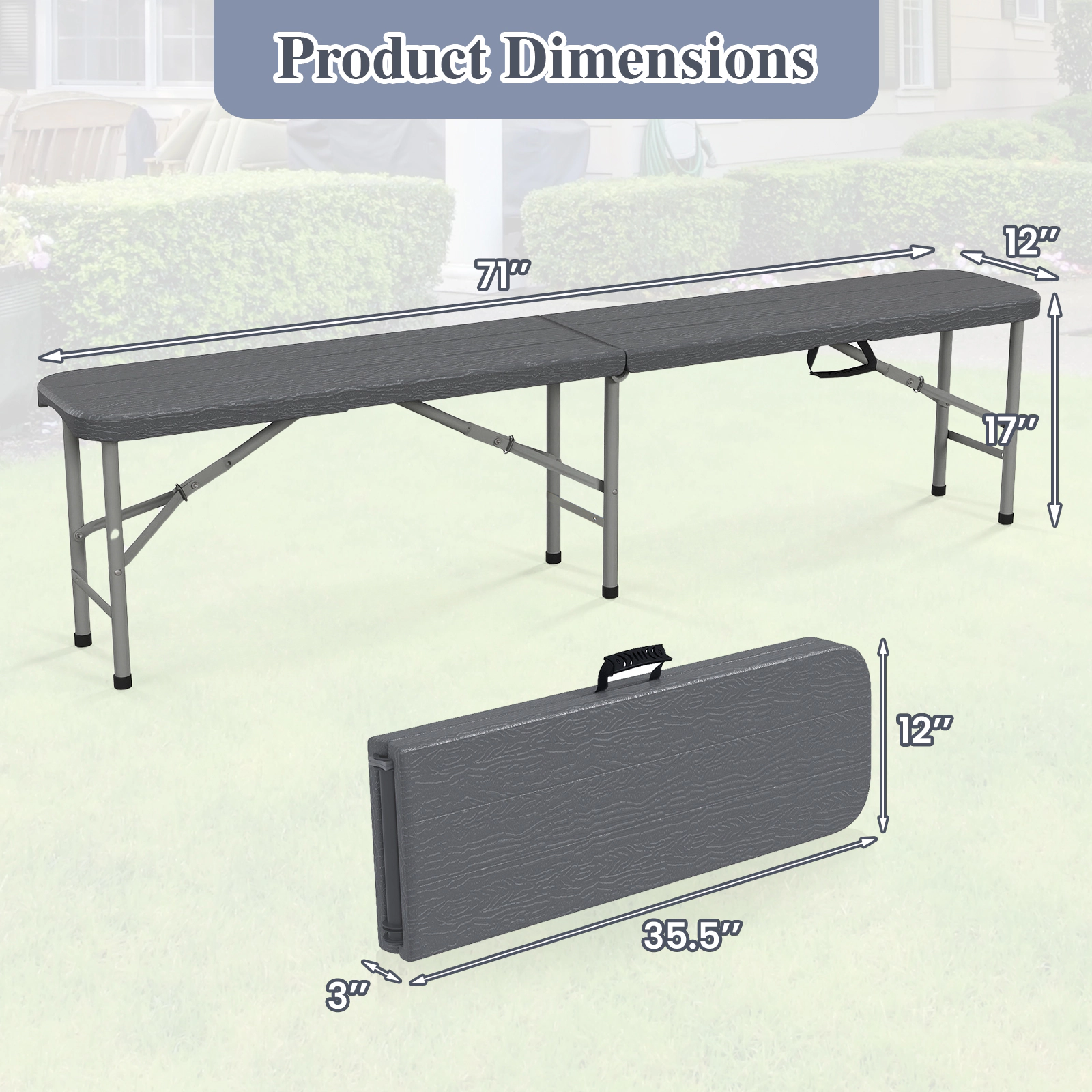 SUGIFT 6-Ft Folding HDPE Bench with Heavy-Duty Metal Frame 1320-lb Capacity 71-in Long Seat Handle Lock Gray Brown