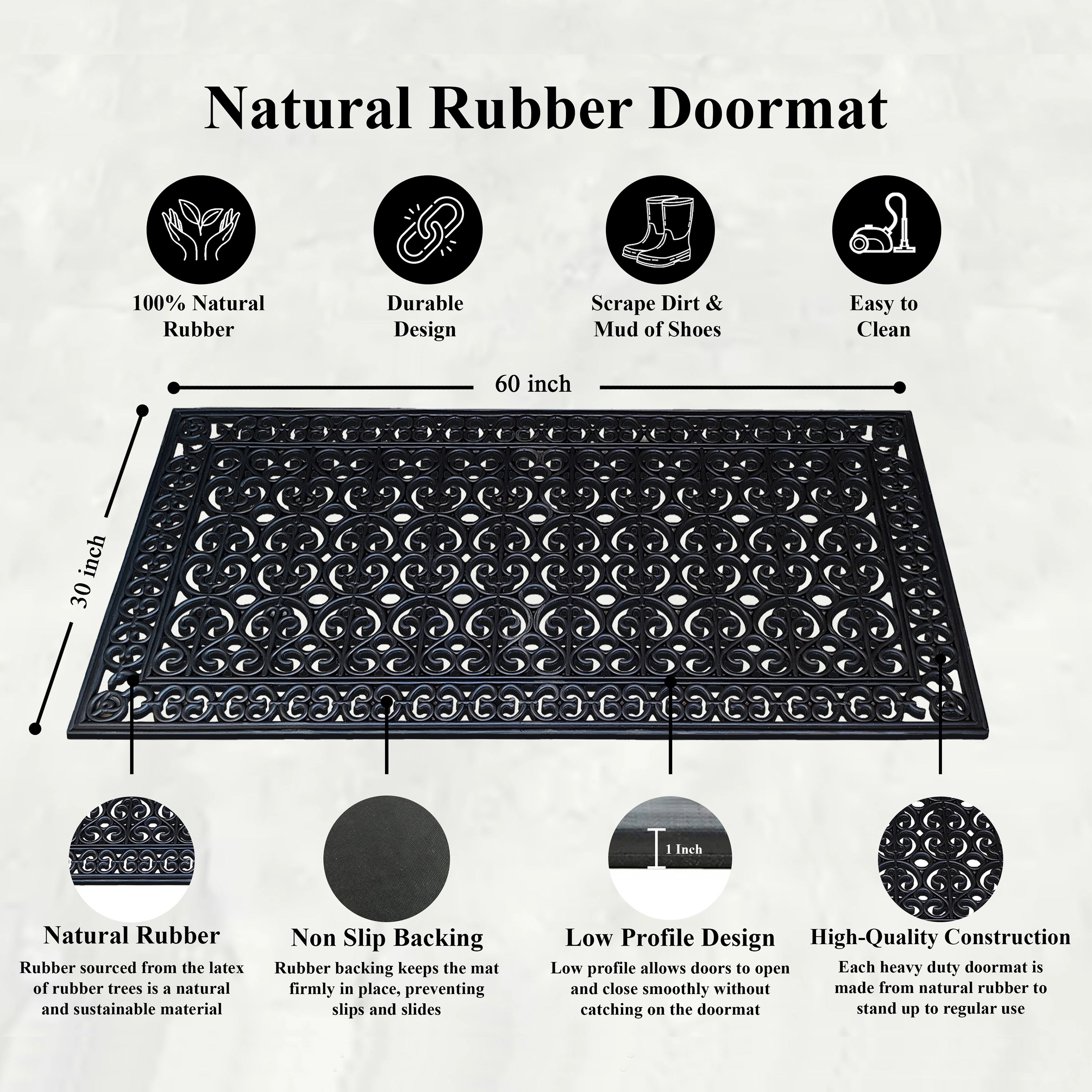 A1 Home Collection 23 lb Heavy Duty Rubber Doormat Non-Slip Outdoor Dirt Scraper Mat, Black Estate, 30 x 60 Inches