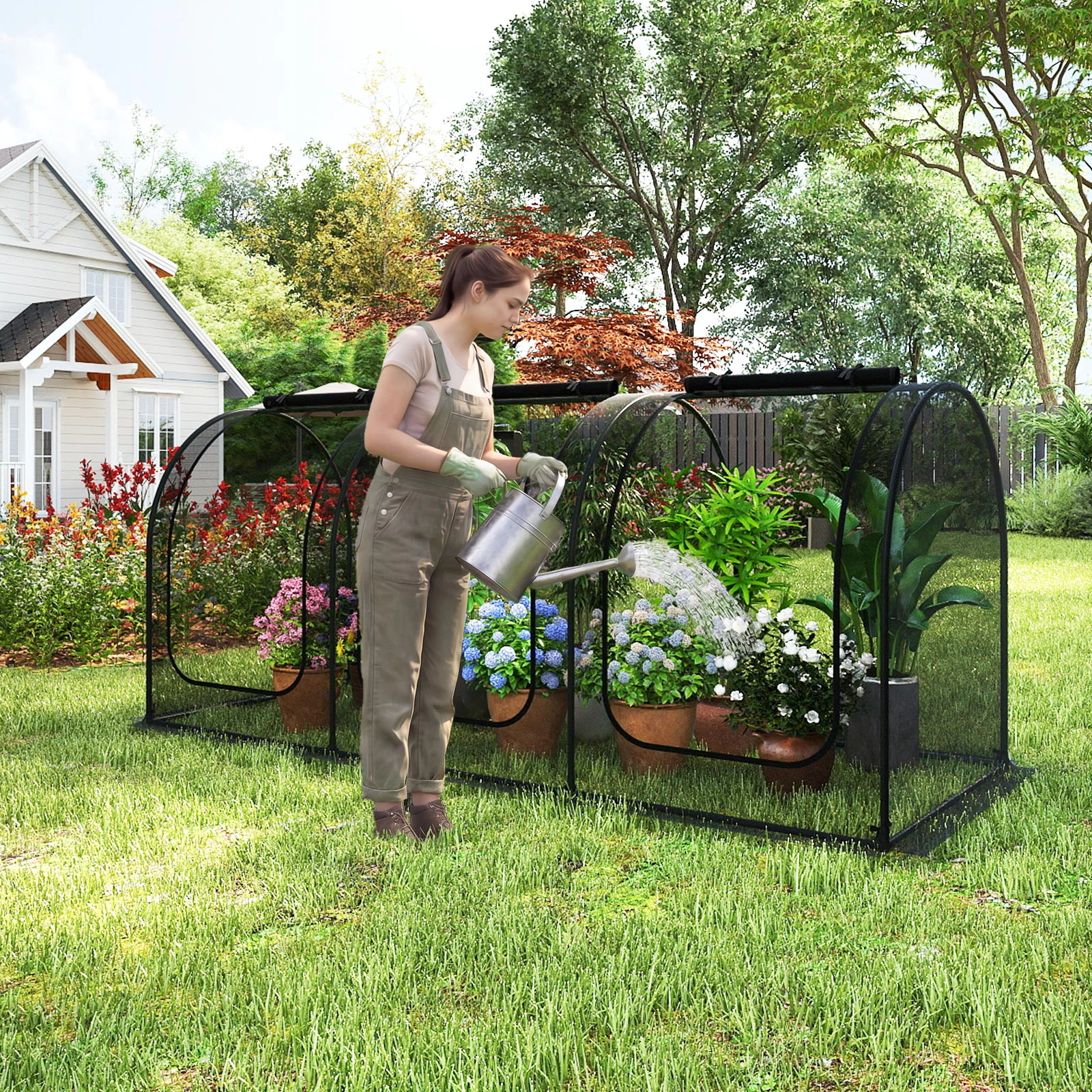 SUGIFT Tunnel Crop Cage Portable Plant Protection Tent Tunnel with 3 Roll-up Zippered Doors Green