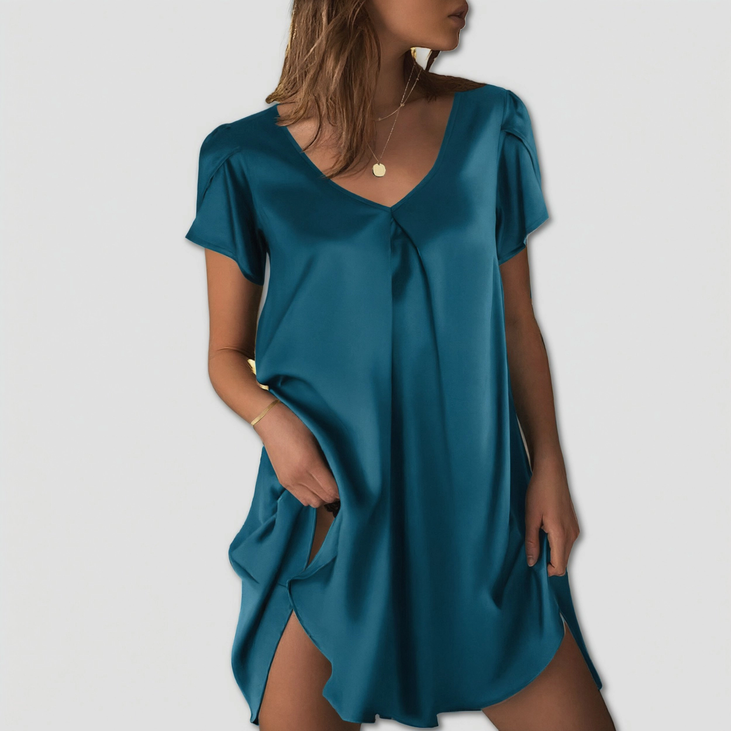 Ekouaer Women's Satin Nightgown Short Sleeve Sleepdress V-Neck Sleepwear Loose Silk Sleepshirt