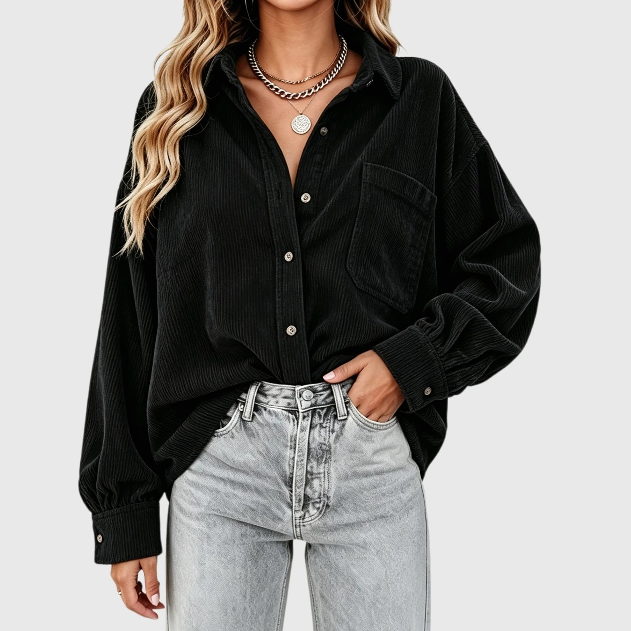 YesFashion Womens Corduroy Oversized Shirt Collared V Neck Long Sleeve Button Up Blouses Shacket