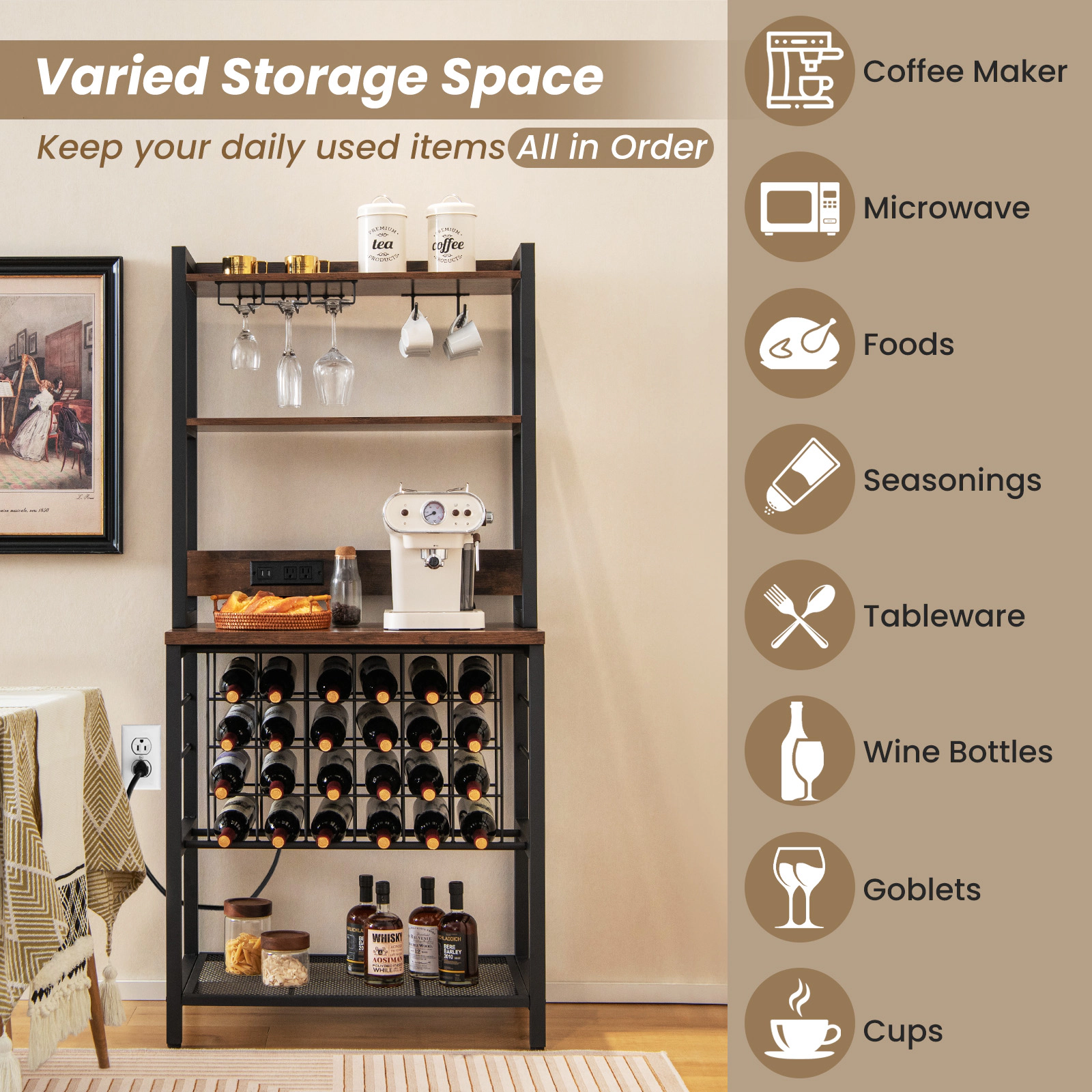 SUGIFT Brown 4 Tier Wine Cabinet Bar with Glass Holders and Power Outlets 30-in W 19-in D 64-in H 175-lb Counter