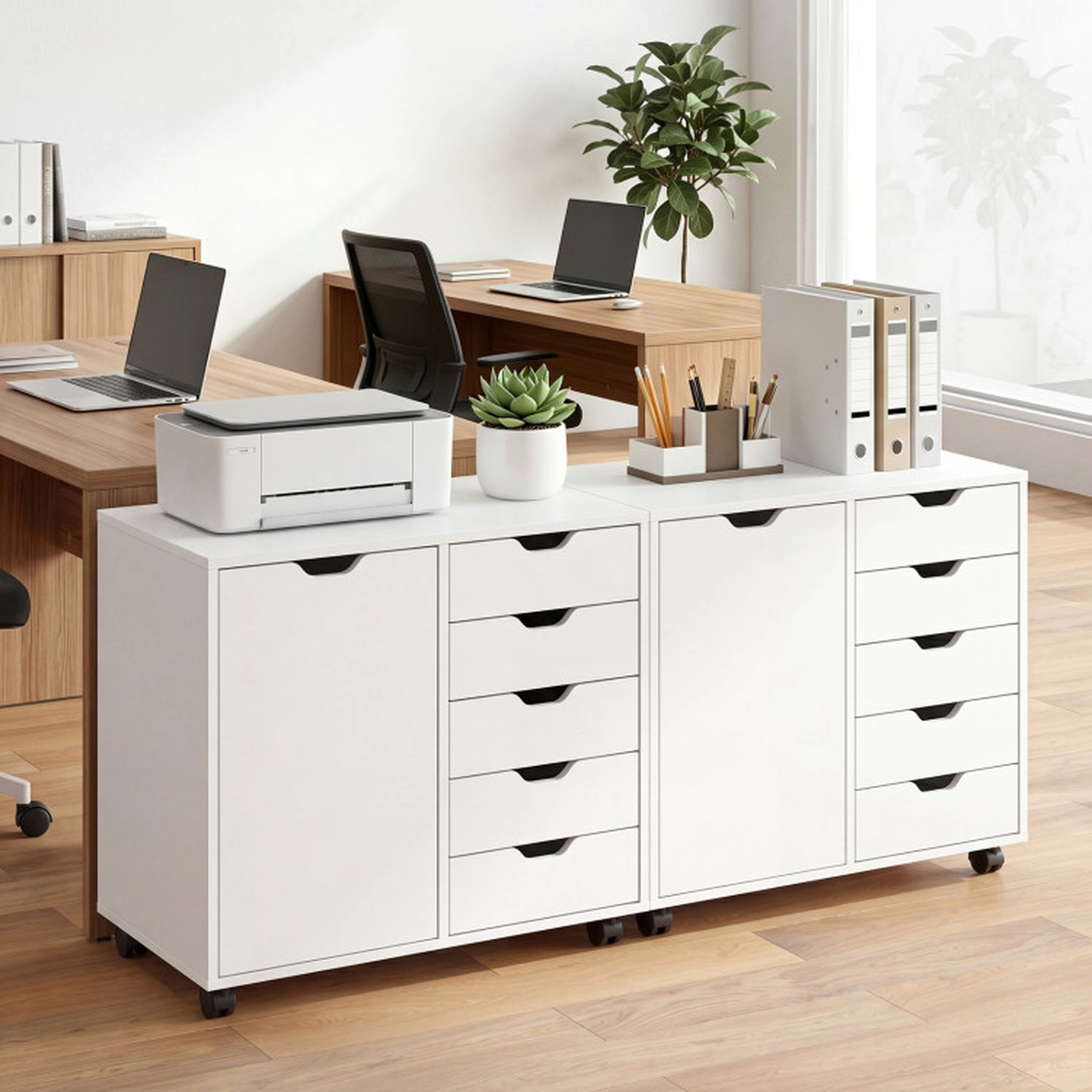 SUGIFT White 5-Drawer Rolling Storage Cabinet Mobile Sideboard Buffet with Adjustable Shelf and Soft-Close Door