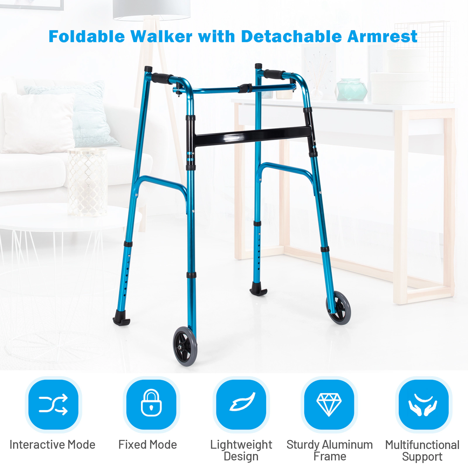 SUGIFT Folding Adjustable Aluminum Wheel Walking Frame 41.5-in Tall 440-lb Capacity Navy/Silver