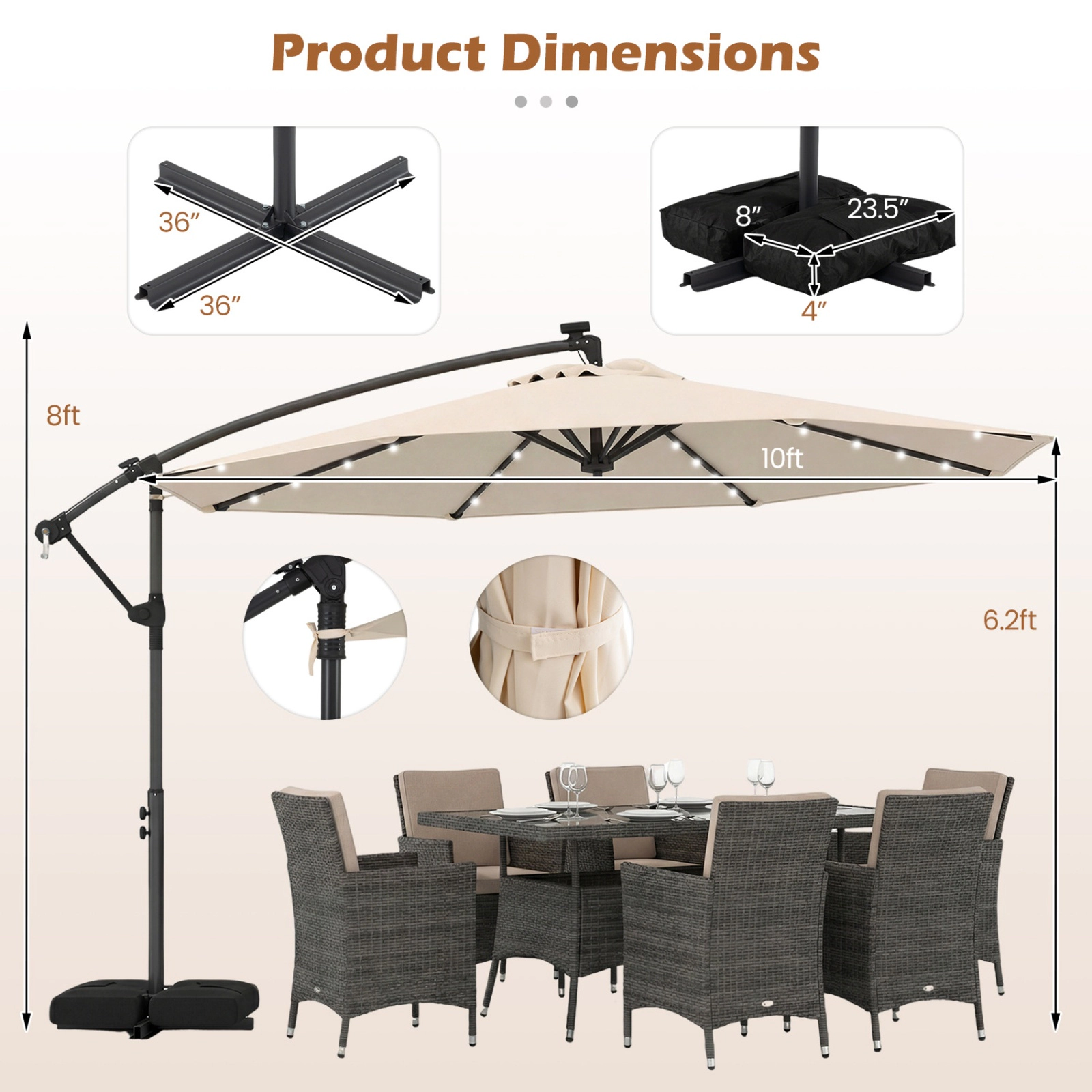 SUGIFT Solar LED Offset Cantilever Patio Umbrella with Crank 10 x 8-ft Canopy 116-lb Base Capacity with Sandbags Beige