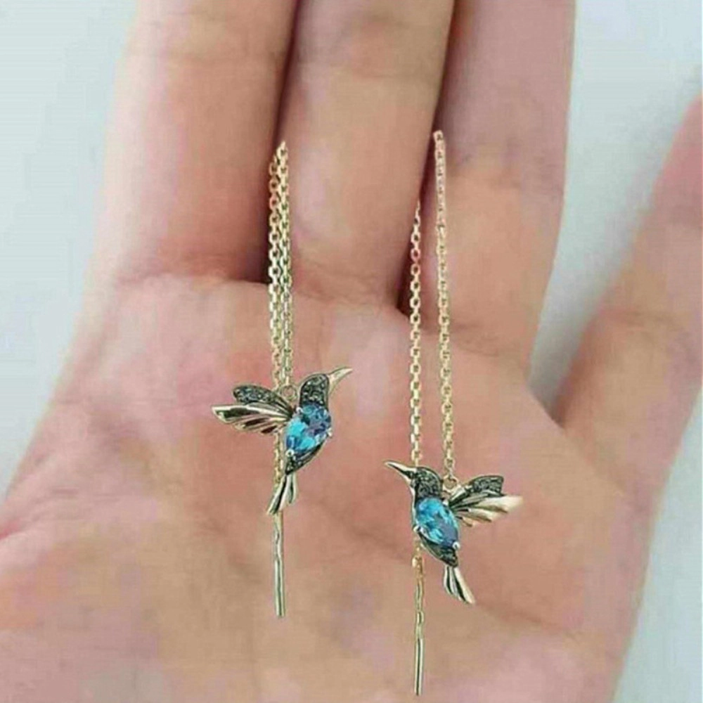 Wardrobe Whimsy Hummingbird Cubic Zirconia Threader Drop Earrings for Women