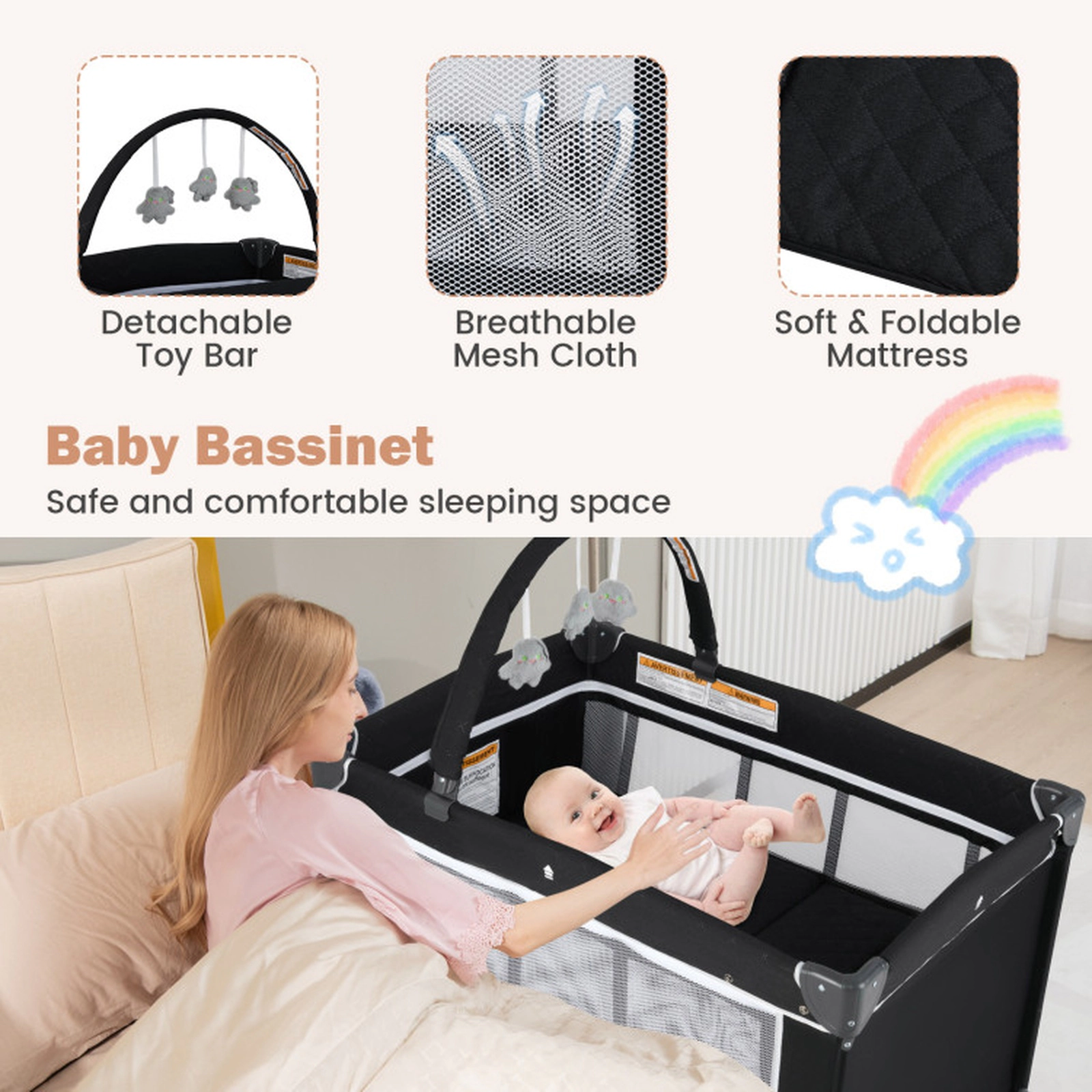 SUGIFT 3-in-1 Foldable Portable Baby Playard and Travel Crib with Bassinet Changing Table and Mesh Walls