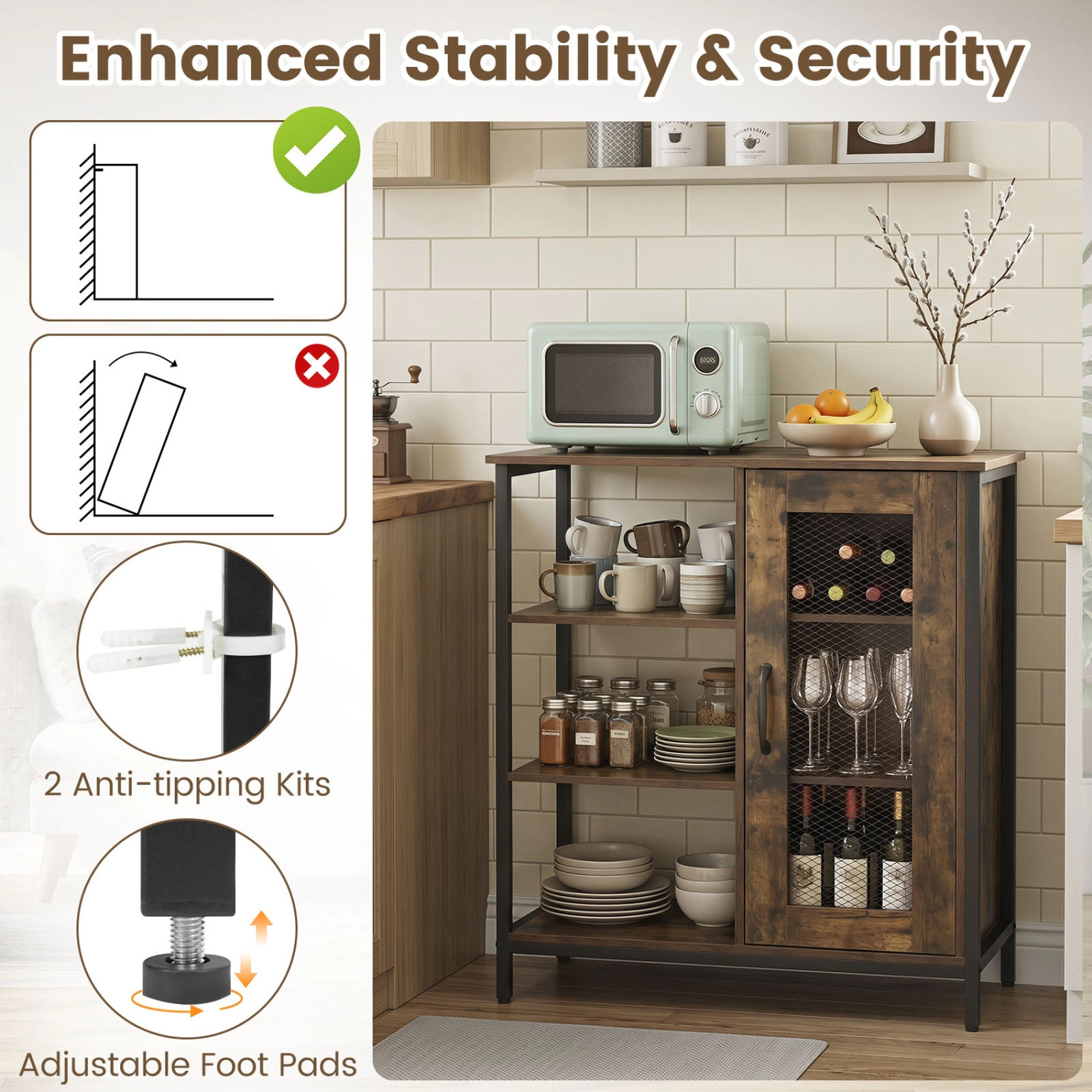SUGIFT Industrial Side Cabinet Rustic Brown with Metal Mesh Doors and 3 Open Shelves