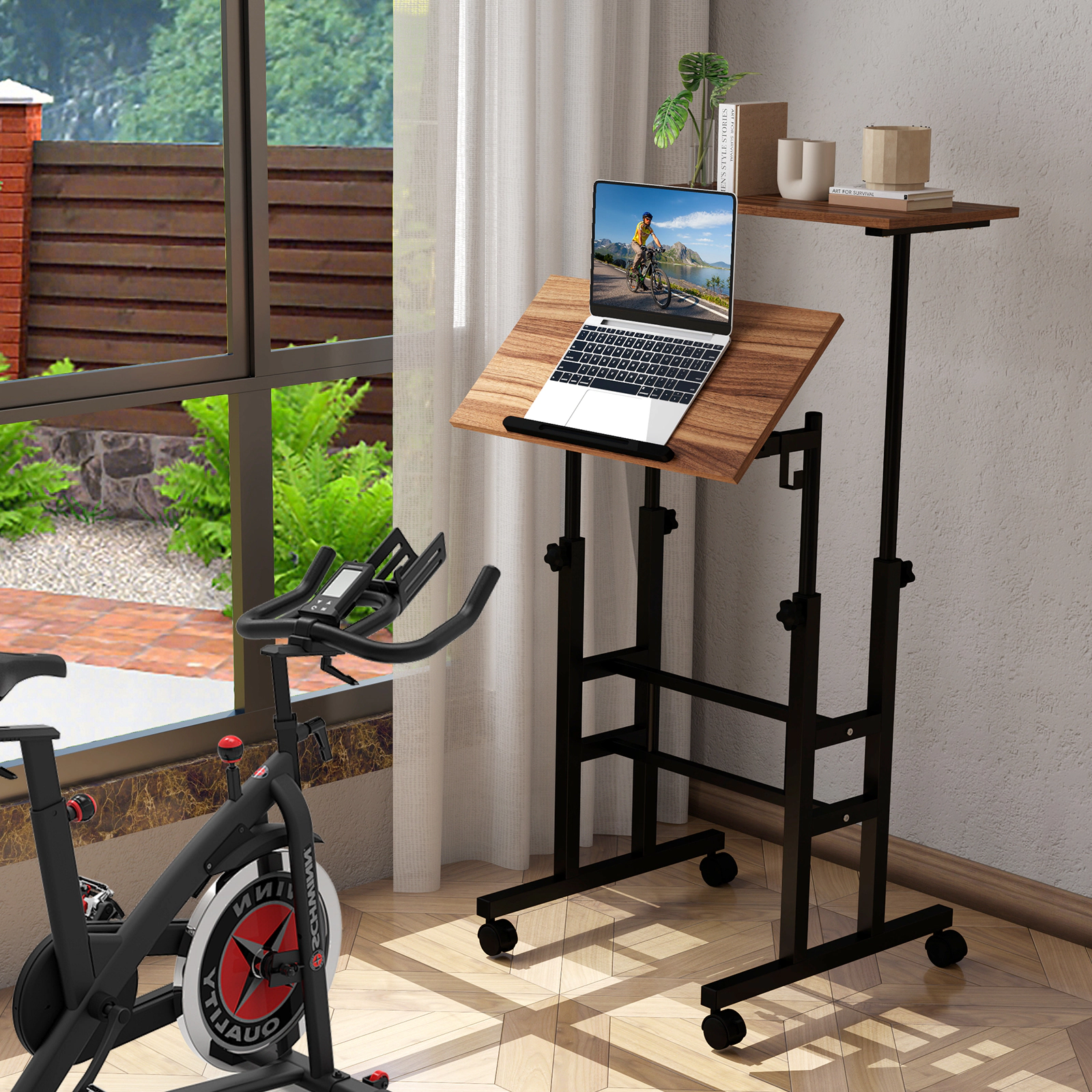 SUGIFT Height-Adjustable Mobile Standing Desk with Split Top 44-lb Capacity Walnut/Natural/Black