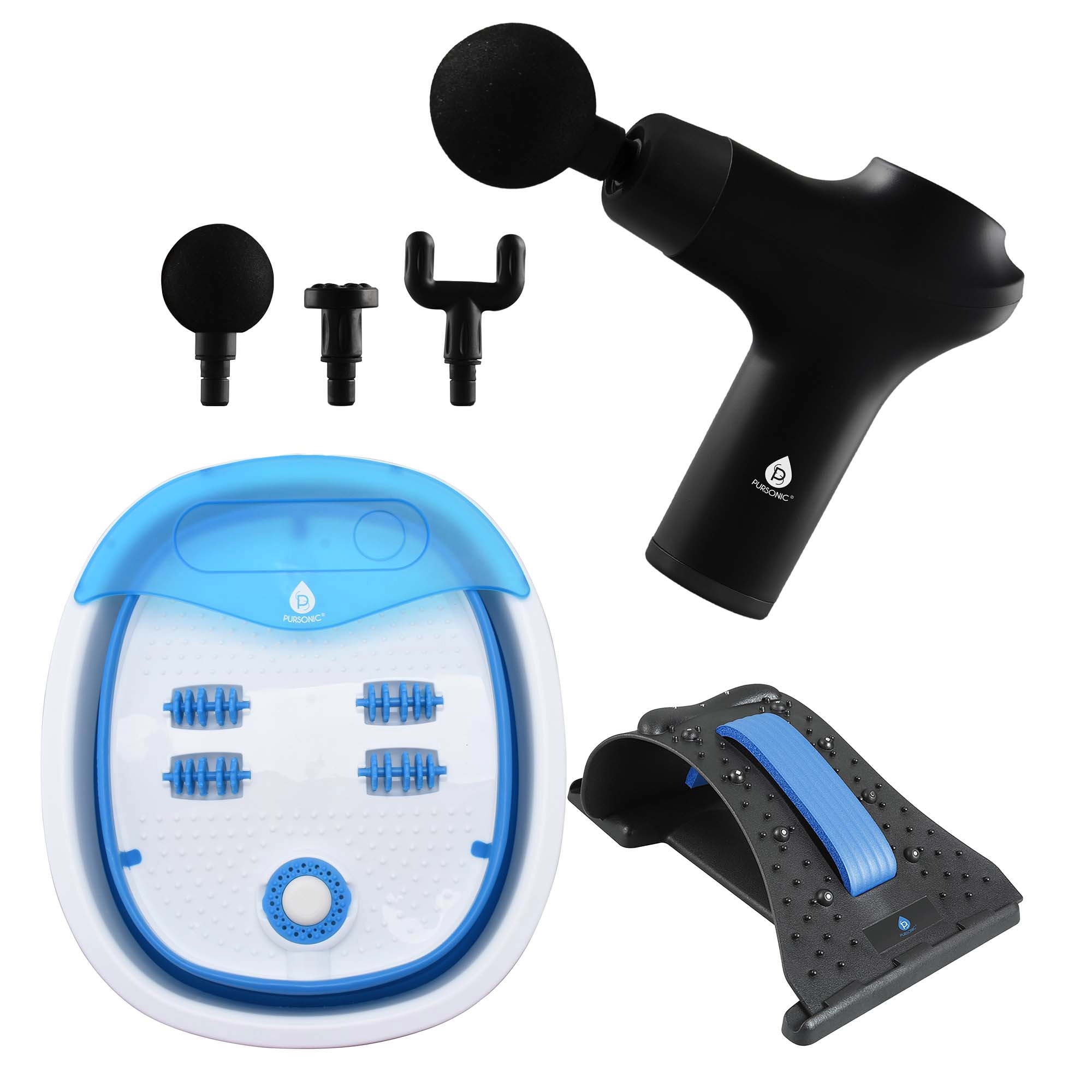 Pursonic Unisex Full Body Relaxation & Recovery Bundle with Cordless Massage Gun, Neck & Shoulder Stretcher & Foot Spa Massager
